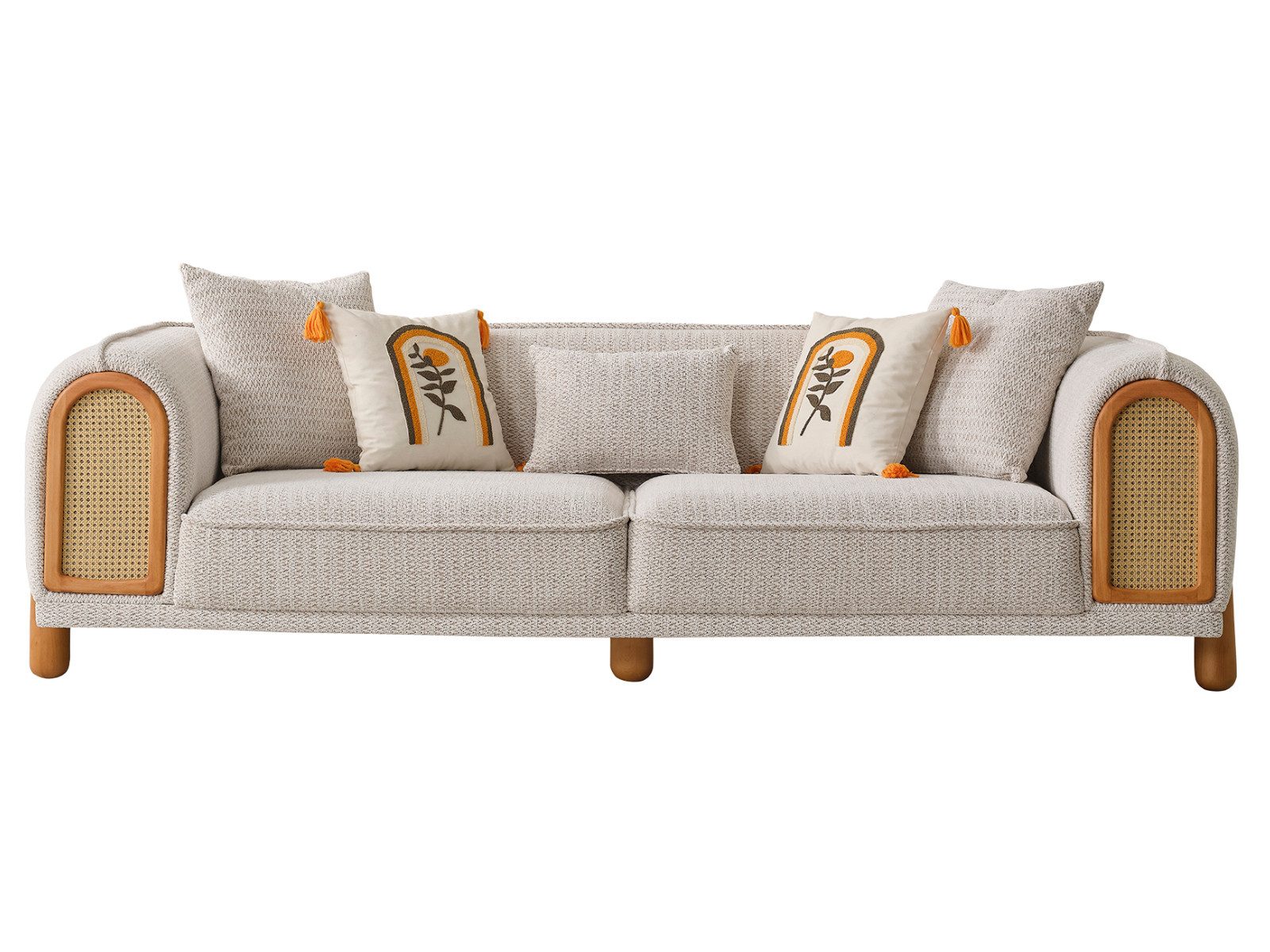 Villa Möbel Sofa Lilium, 3-Sitzer 1 Teile, Beige 3-Sitzer Sofa Geflechtoptik Armlehnen Holzfüße