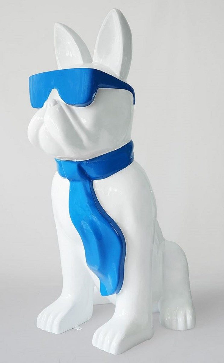 Casa Padrino Skulptur Casa Padrino XXL Deko Skulptur Hund Bulldogge Weiß / Blau H. 196 cm
