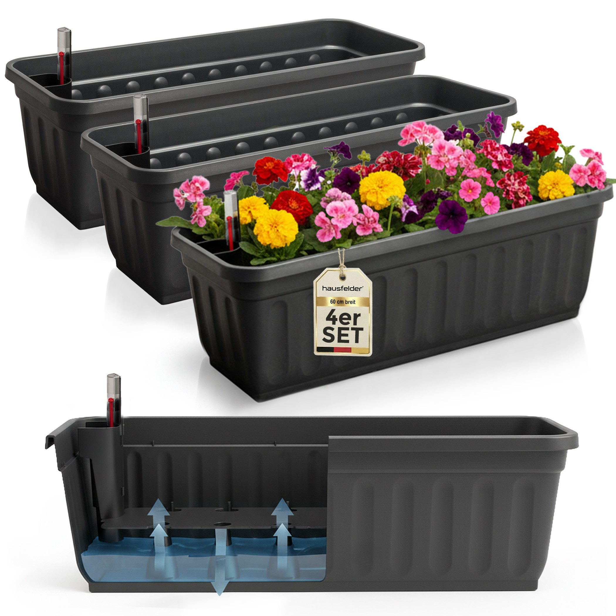 Hausfelder Blumenkasten Balkonkasten mit Wasserstandsanzeiger, Pflanzkasten 4er Set, 60cm (4er Set, 4 St., Jedes Set enthält: Füllstandsanzeiger, Boden, Pflanzkasten), Blumenkästen UV- und witterungsbeständig für innen und außen, matt