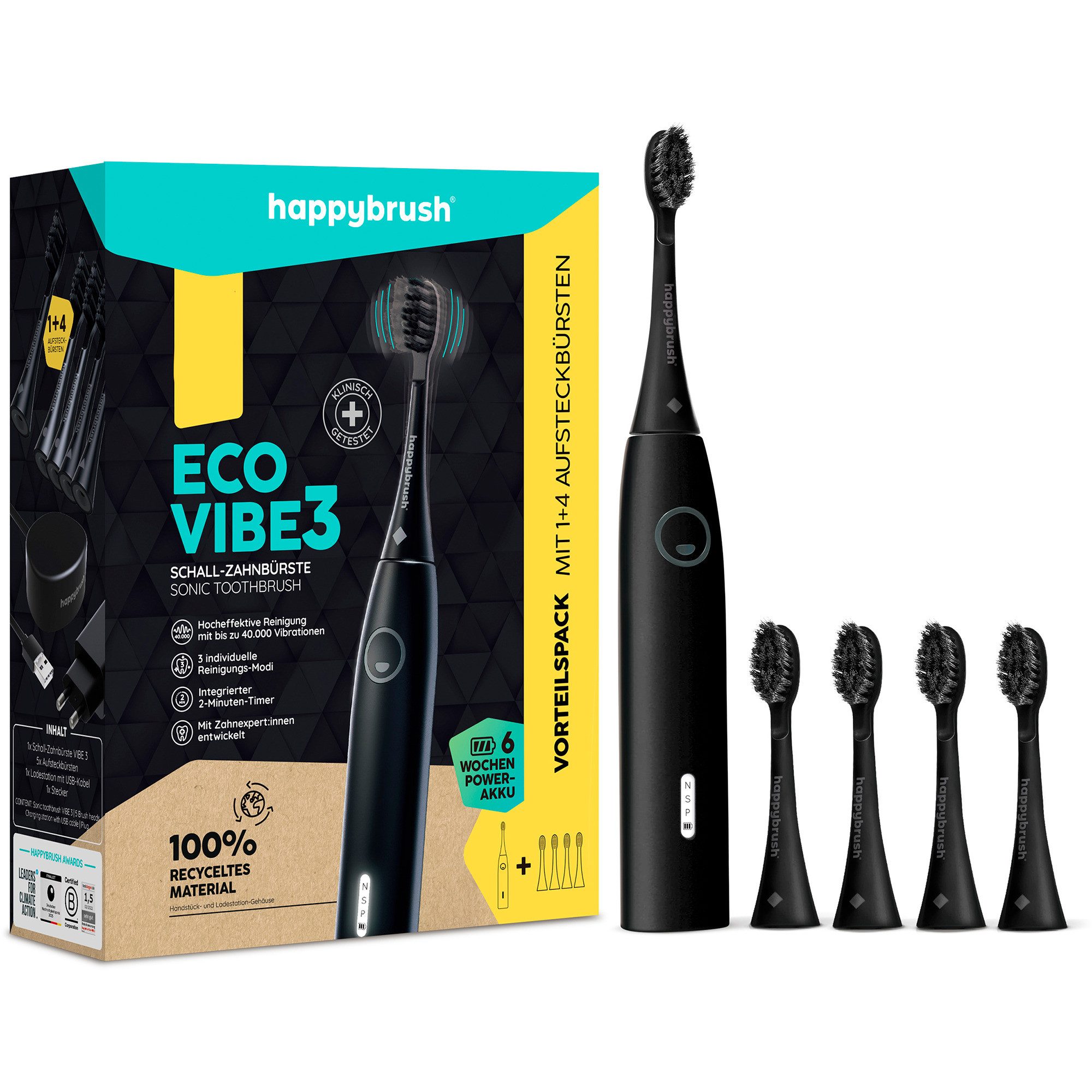 happybrush Elektrische Zahnbürste happybrush ECO VIBE 3 Starterkit All Black + 4