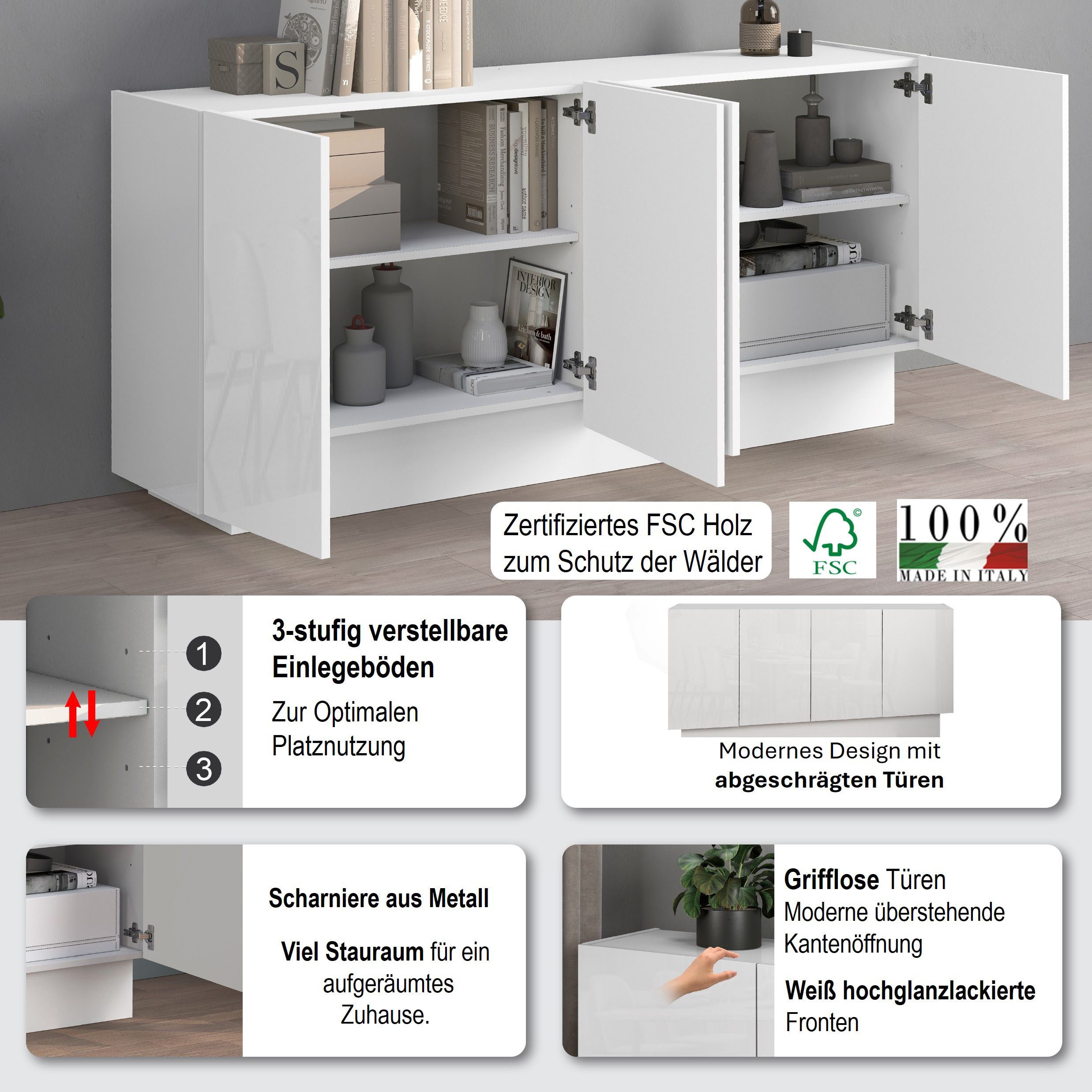OTTO home Sideboard VELA, Breite 160 cm, Design mit schrägen Türen, Maße-B/T/H: 160x35x75 (1 St), Made in Italy, Fronten Hochglanz lackiert,Sideboard, Anrichte, Kommode
