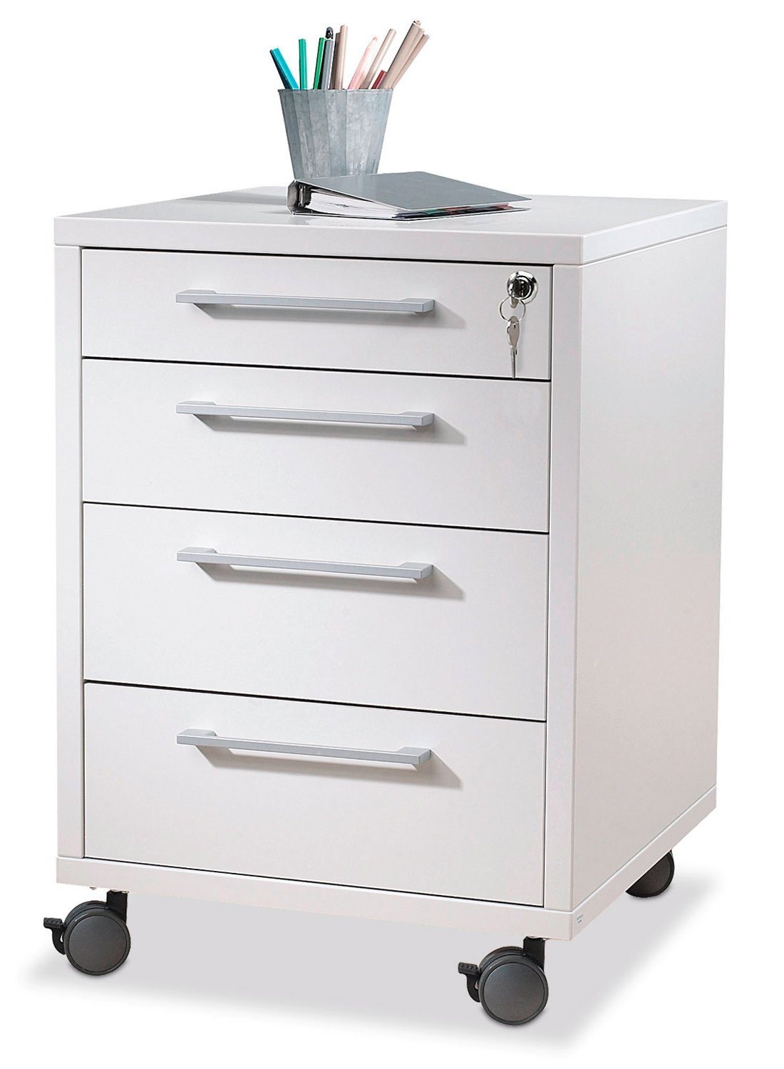 Tvilum Rollcontainer PRIMA, 48 x 68 cm, Weiß, 4 Schubladen, mit Rollen, mit abschließbarer Schublade | Rollcontainer