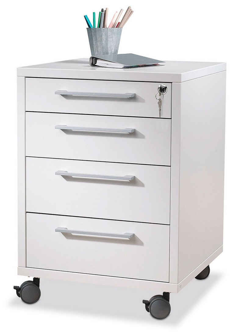 Tvilum Rollcontainer PRIMA, 48 x 68 cm, Weiß, 4 Schubladen, mit Rollen, mit abschließbarer Schublade