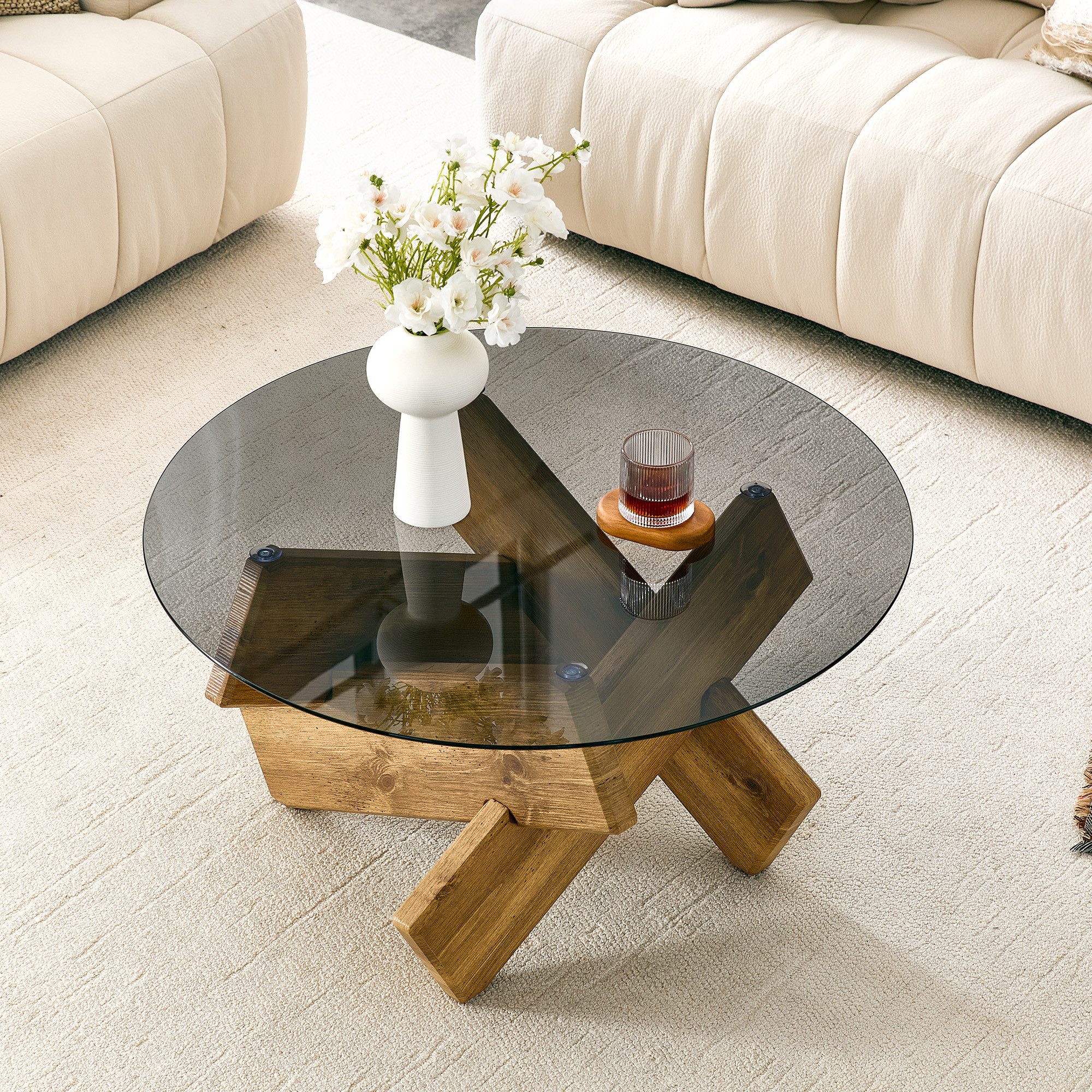 ANYSUN Couchtisch Runder Couchtisch aus Glas mit Holzkorn Stützbeine, (0,8cm dicke gehärtete Glasoberfläche), Kleiner Teetisch für Wohn- und Schlafzimmer Einfach und Schön
