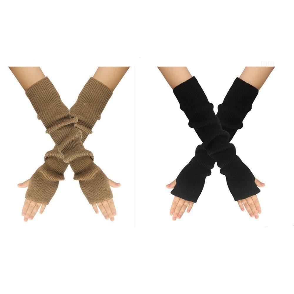 Strickhandschuhe Fingerlose 2 Paar Lange AUKUU brown+black Strickhandschuhe Strickhandschuhe