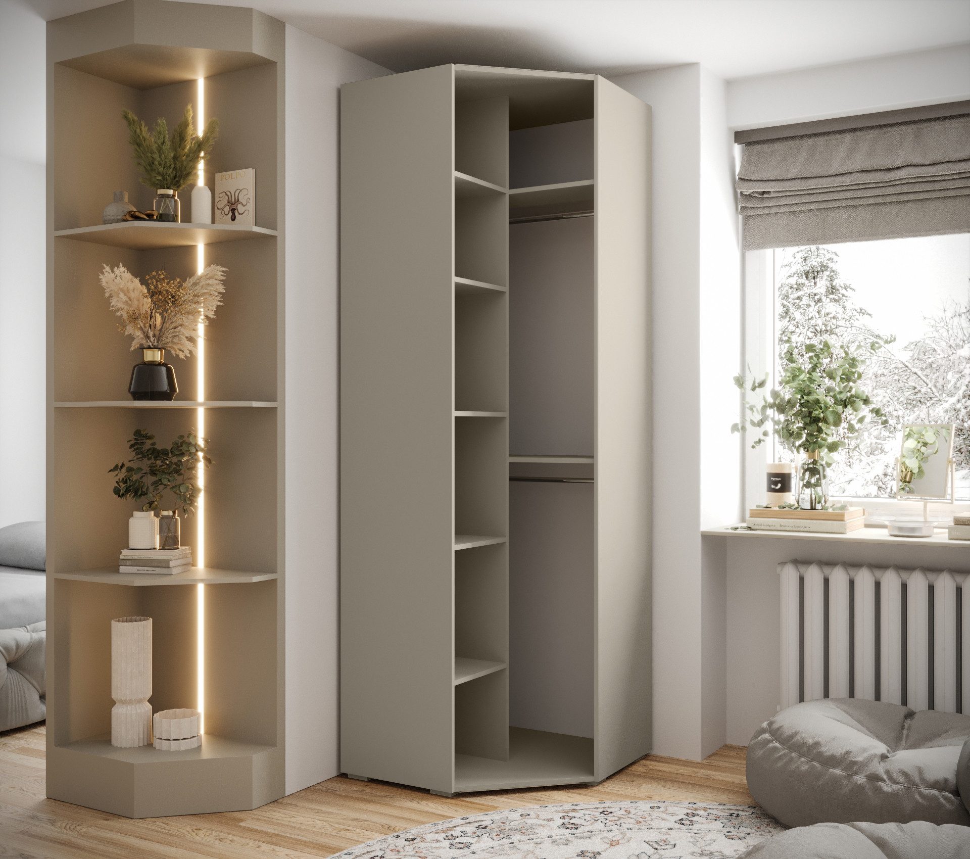 ABIKS MÖBEL Eckschrank Inova 4 Eckkleiderschrank mit Kleiderstange und Regalen