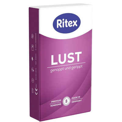Ritex Kondome «Lust» Genoppt und Gerippt Packung mit, 8 St., luststeigernde Kondome mit dreifacher Stimulation