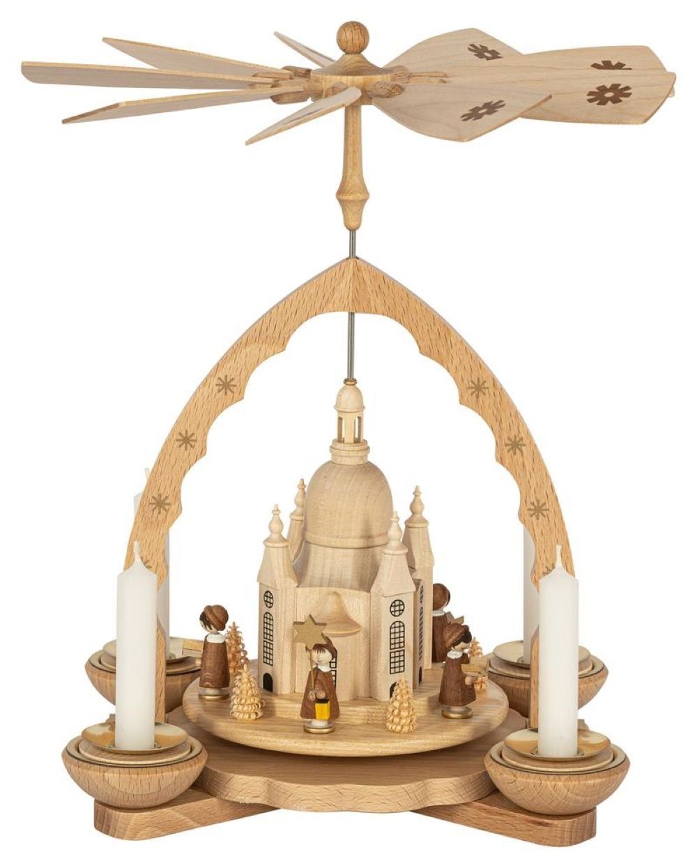 Richard Glaesser Weihnachtspyramide Pyramide Dresdner Frauenkirche mit Kurrende für Teelicht und Kerzen, Handwerkskunst aus dem Erzgebirge