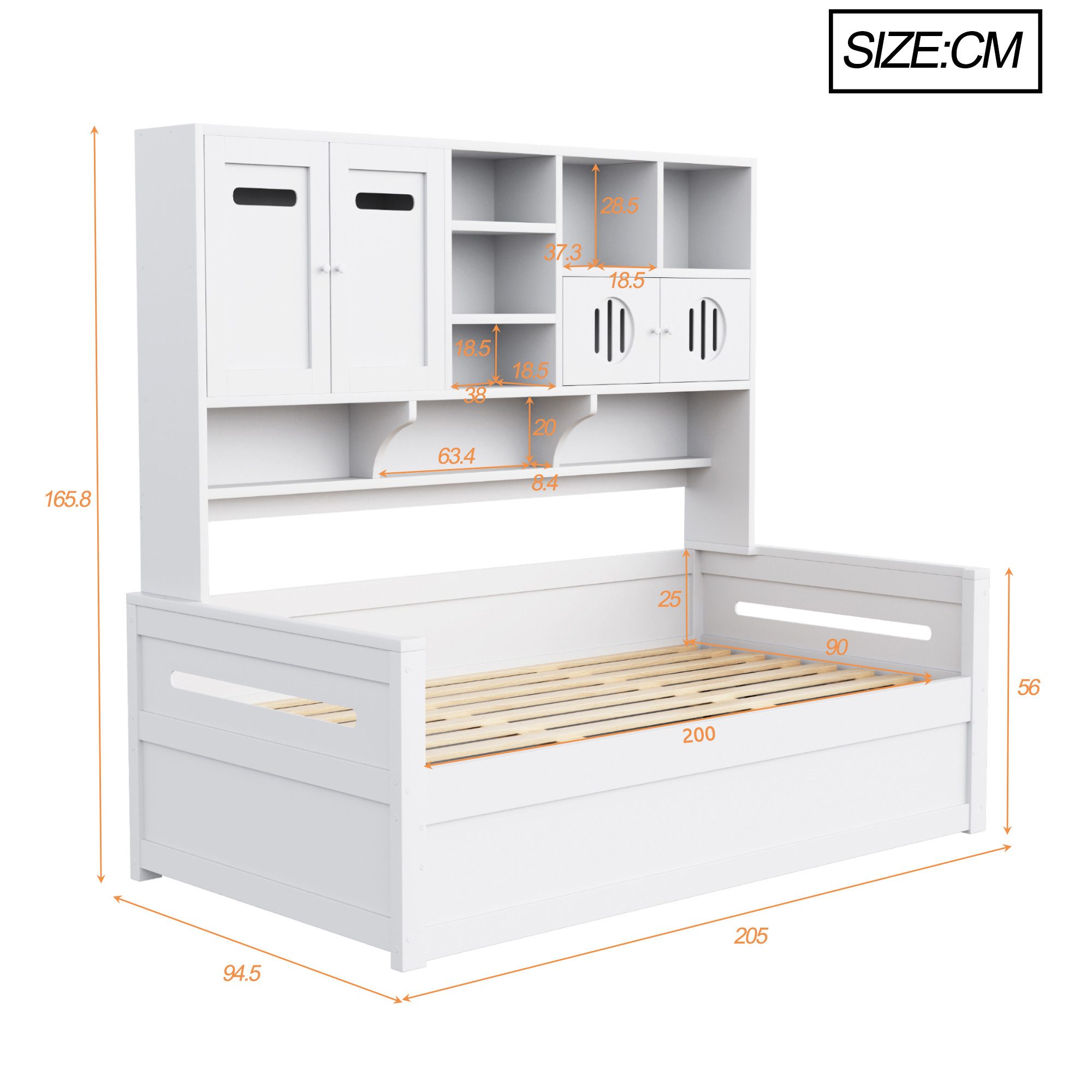 Merax Daybett (Kieferholz Sofabett Schlafsofa Jugendbett Kinderbett Einzelbett Schrankbett, 1 tlg), Tagesbett 90x200cm mit hydraulischem Stauraum, Schrank & Reg – Bild 4 von 5