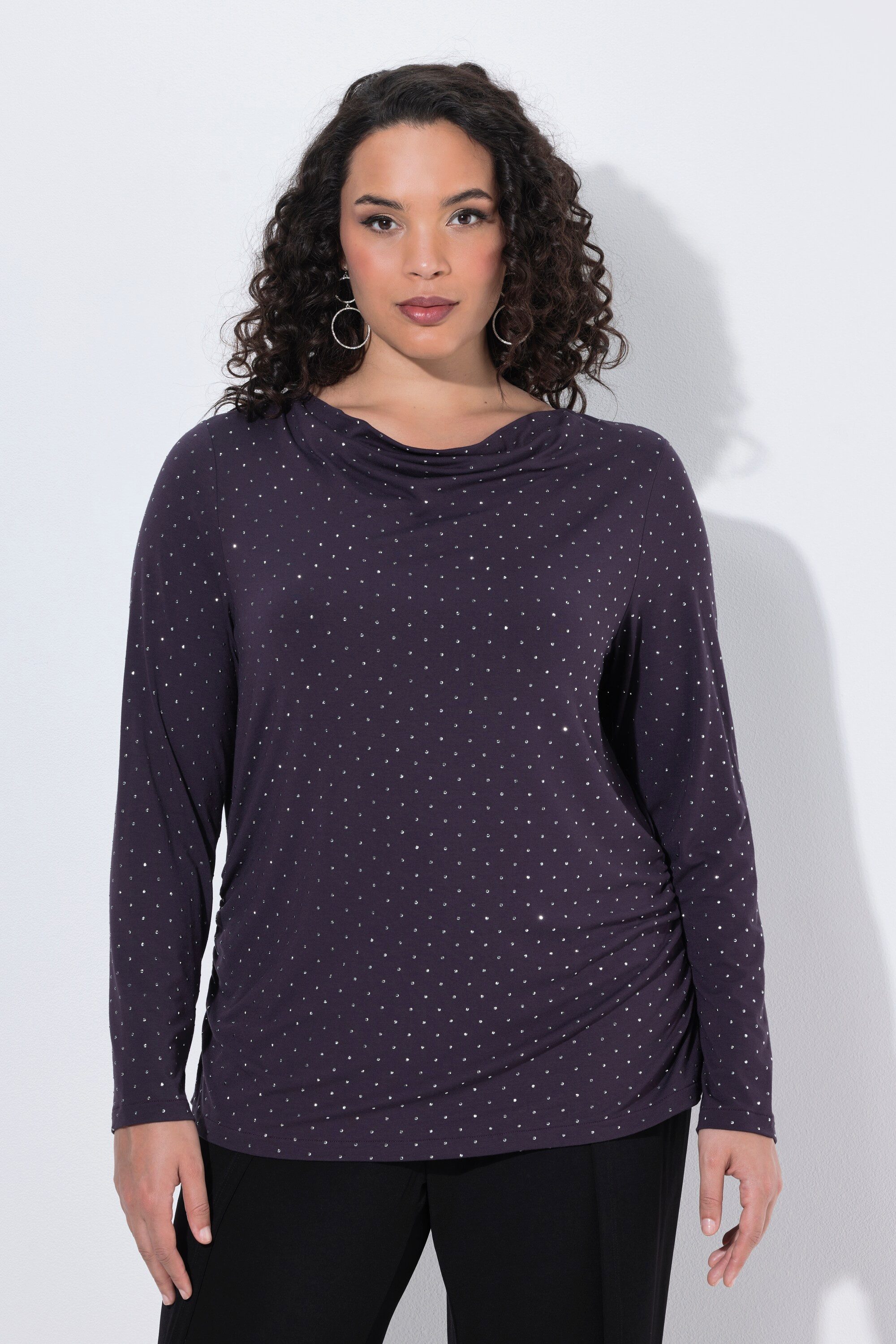 Ulla Popken Longsleeve Shirt Ziersteine Slim Wasserfall-Ausschnitt