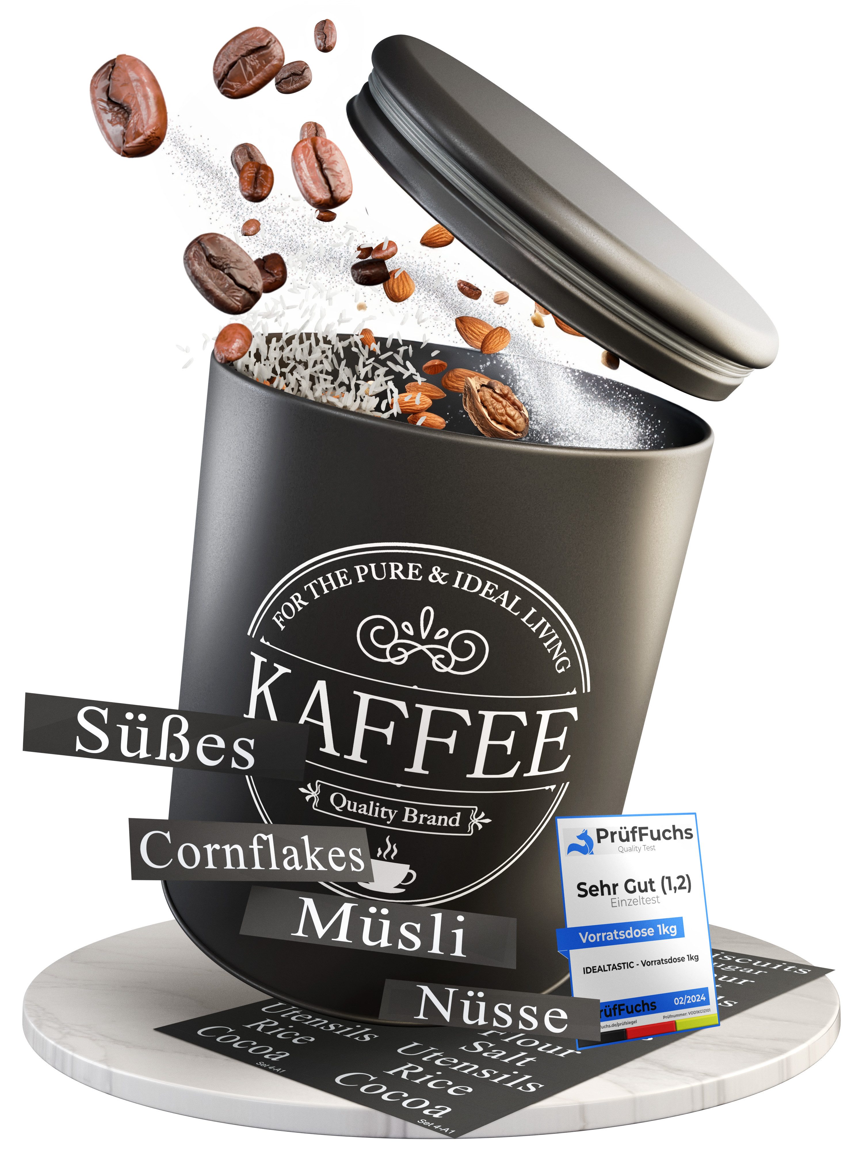 IDEALTASTIC Vorratsdose Premium I Kaffedose I Zuckerdose 1KG I Robuster Vorratsbehälter, Stahl, (mit flexiblen Inhaltstickern I Für alle Lebensmittel, Kaffeedose, Zuckerdose, Mehlaufbewahrung, Salzdose, 1KG), Vorratsdosen zur Zucker, Kaffee & Müsli Aufbew
