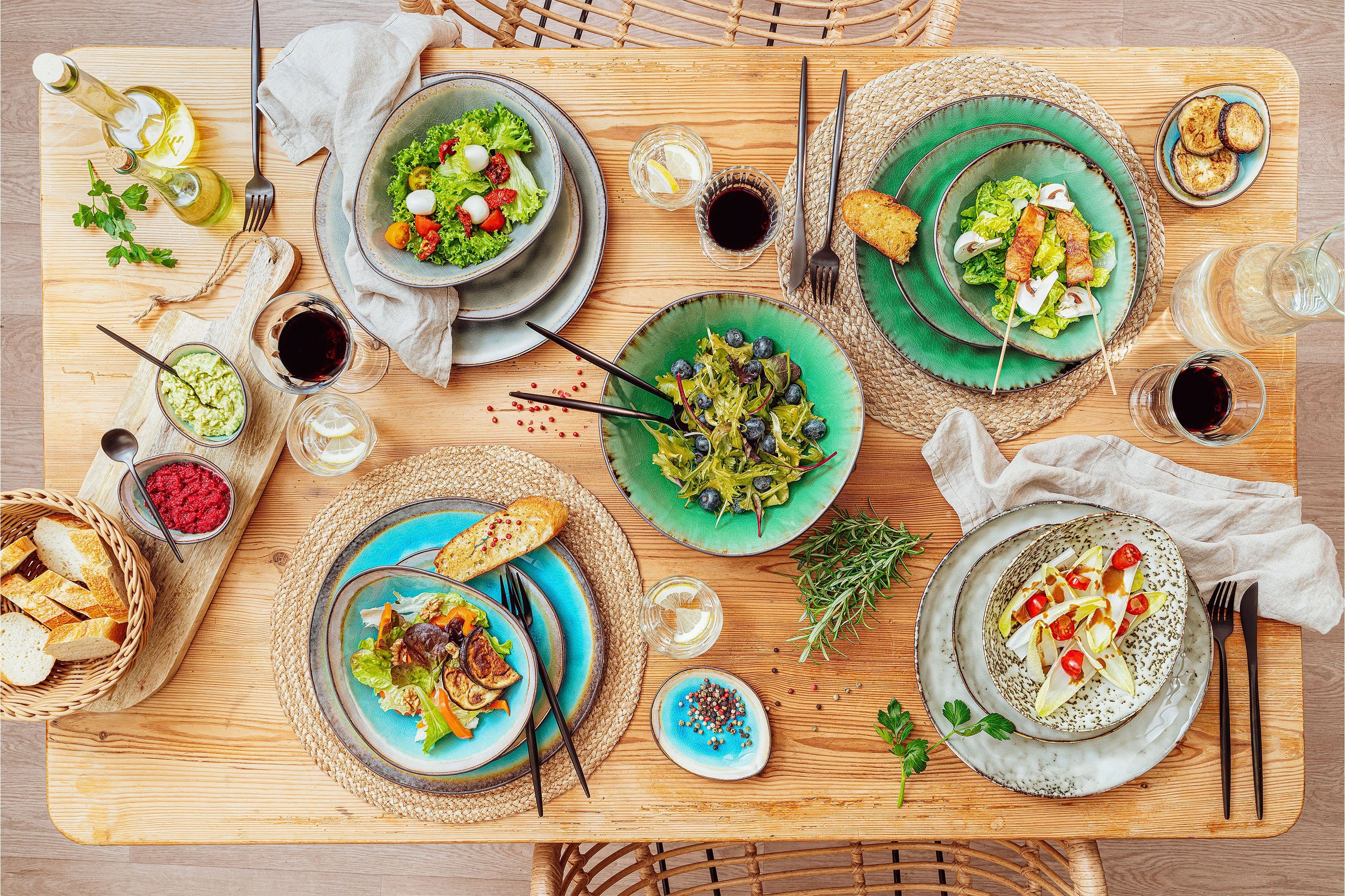 SÄNGER Salatschüssel Palm Beach, Grün Schwarz, Steingut, (Set, 4-tlg), Salatschalen Set mit Krakellee-Effekt, Vintage Design