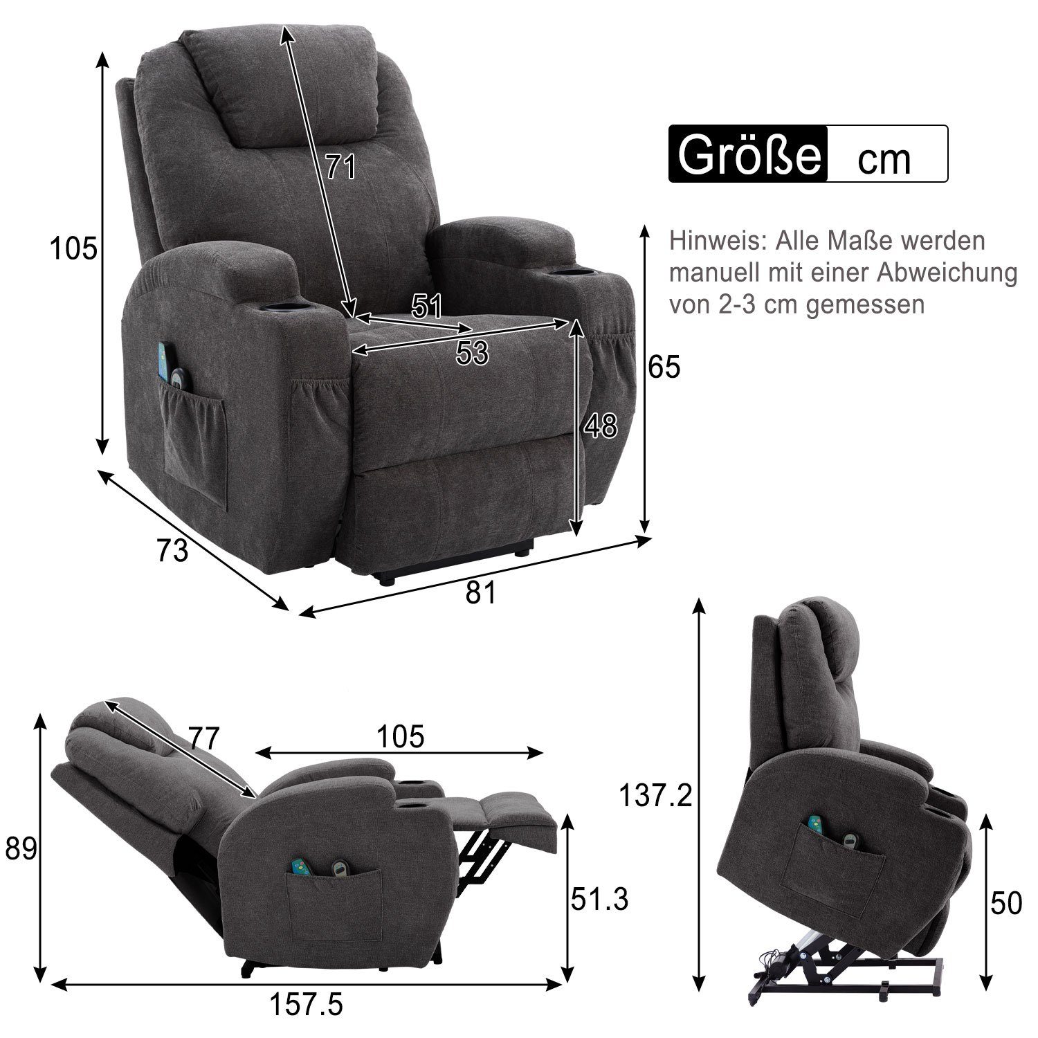 Wärmefunktion kg Grau Aufstehhilfe, (Liegefunktion, 130 Vibrationsmassage), | und zu Grau Fernsehsessel belastbar | TV-Sessel CAT Grau mit PHOEBE bis