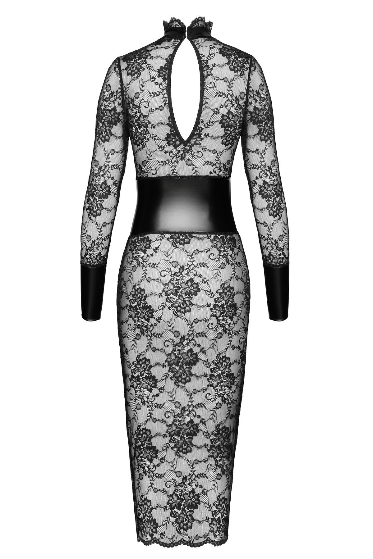 Noir Handmade Minikleid Damen Spitze Kleid schwarz mit langen Ärmeln und Wetlook Korsett skinn