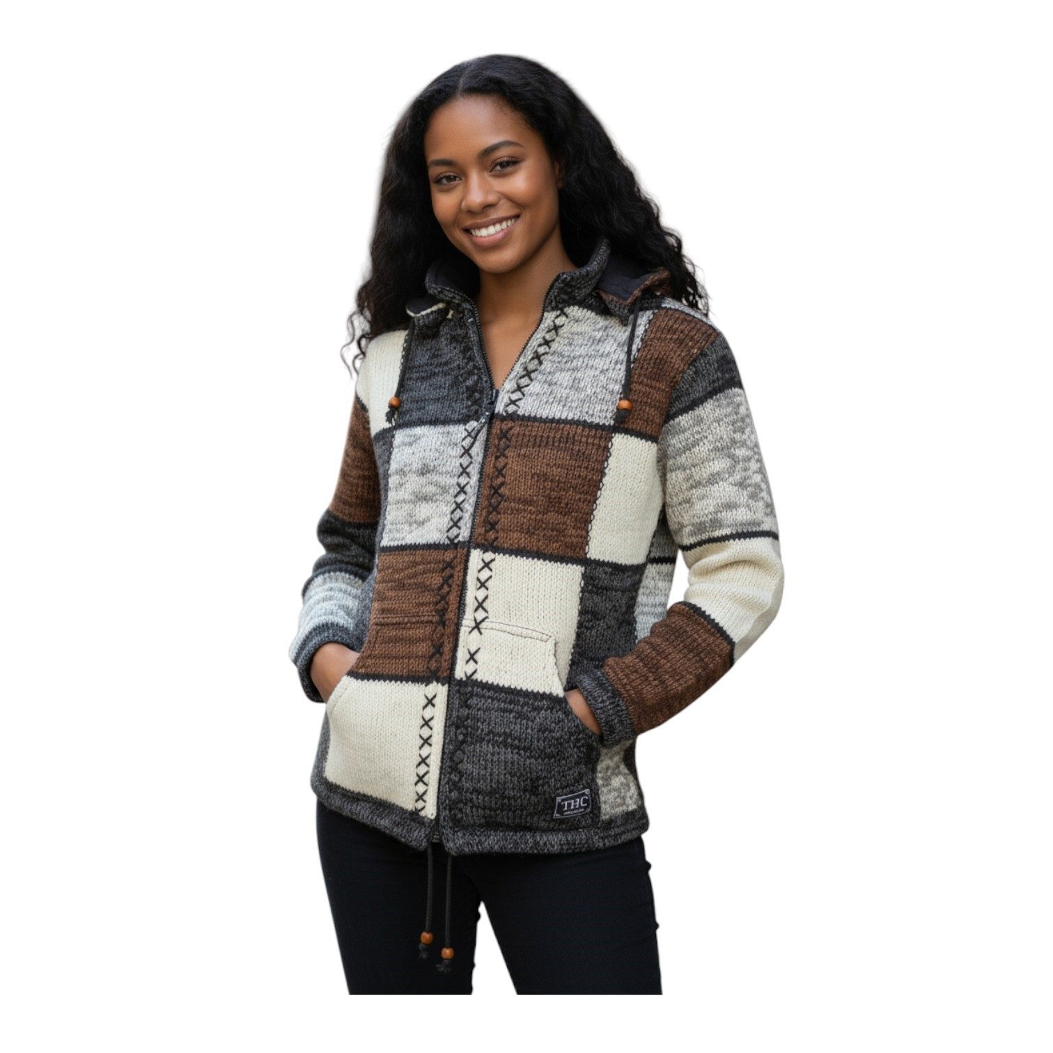 THC Natural Line Strickjacke THC Schafwollstrickjacke braune Quadrate 813 (1 Stück, 1-tlg., 1 Stück) Strickjacke mit abnehmbarer Kapuze – Bild 4 von 5