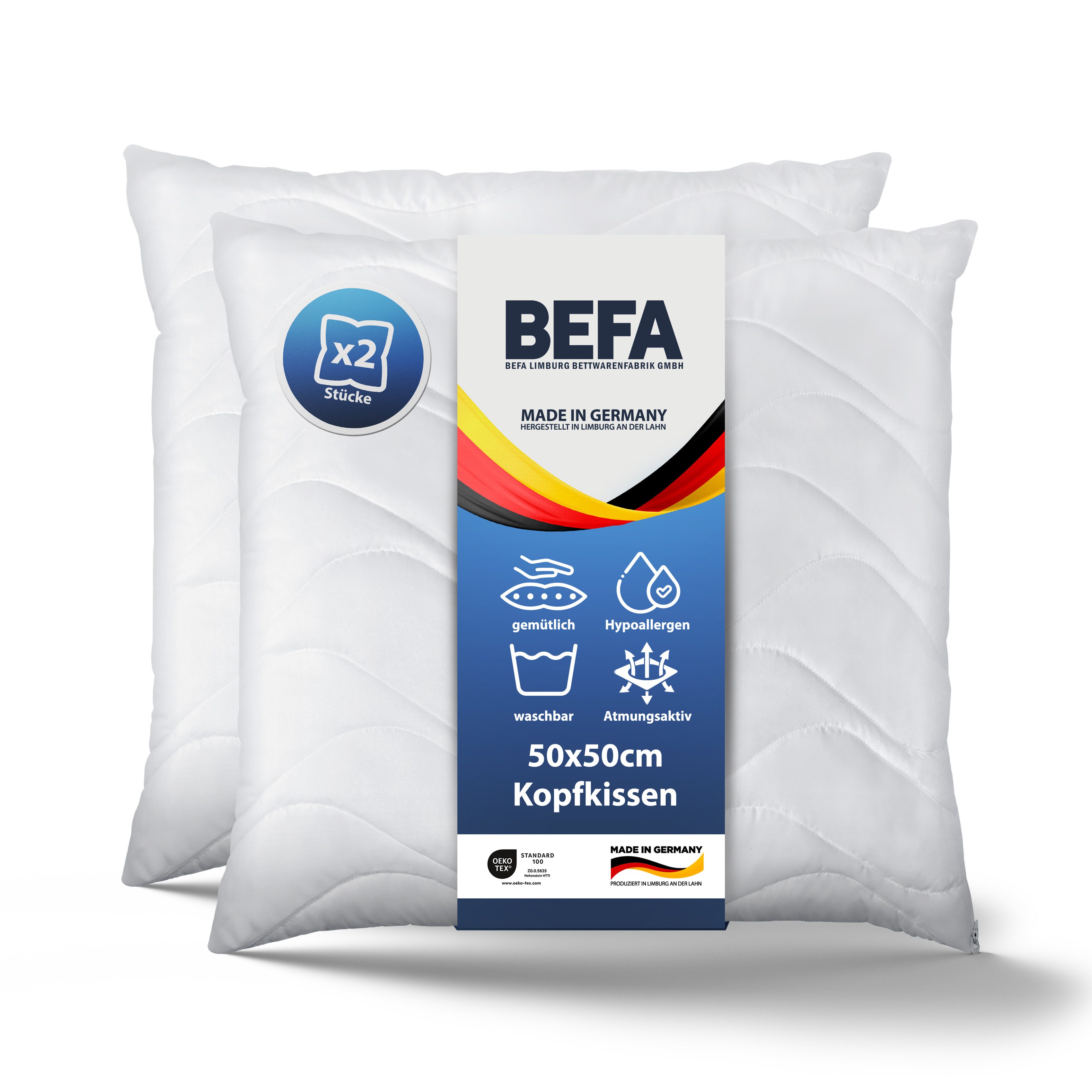 BEFA CARE Microfaserkissen mit Aloe Vera, Füllung: Mikrofaser, Bezug: Mikrofaser mit Aloe Vera, Seitenschläfer, Rückenschläfer, Bauchschläfer, Spar-Set, 2tlg, Made in Germany – Schlafkomfort für Allergiker – Mikrofaser Kissen
