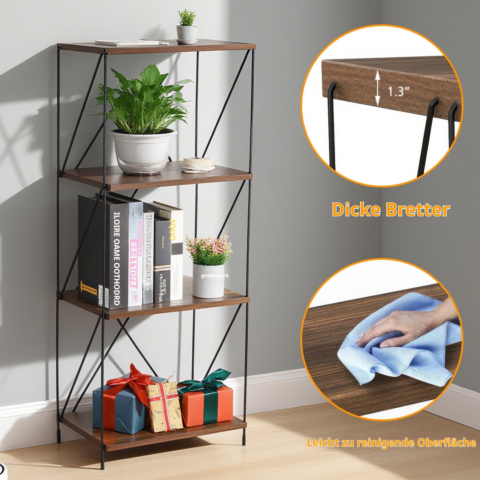 BlingBin Bücherregal 4-stufiges Vintage Standregal Mehrstufen-Aufbewahrungsregal, 1 Stück 1-tlg., freistehendes Regal aus Metall & Holz,für Schlafzimmer,Wohnzimmer,Büro