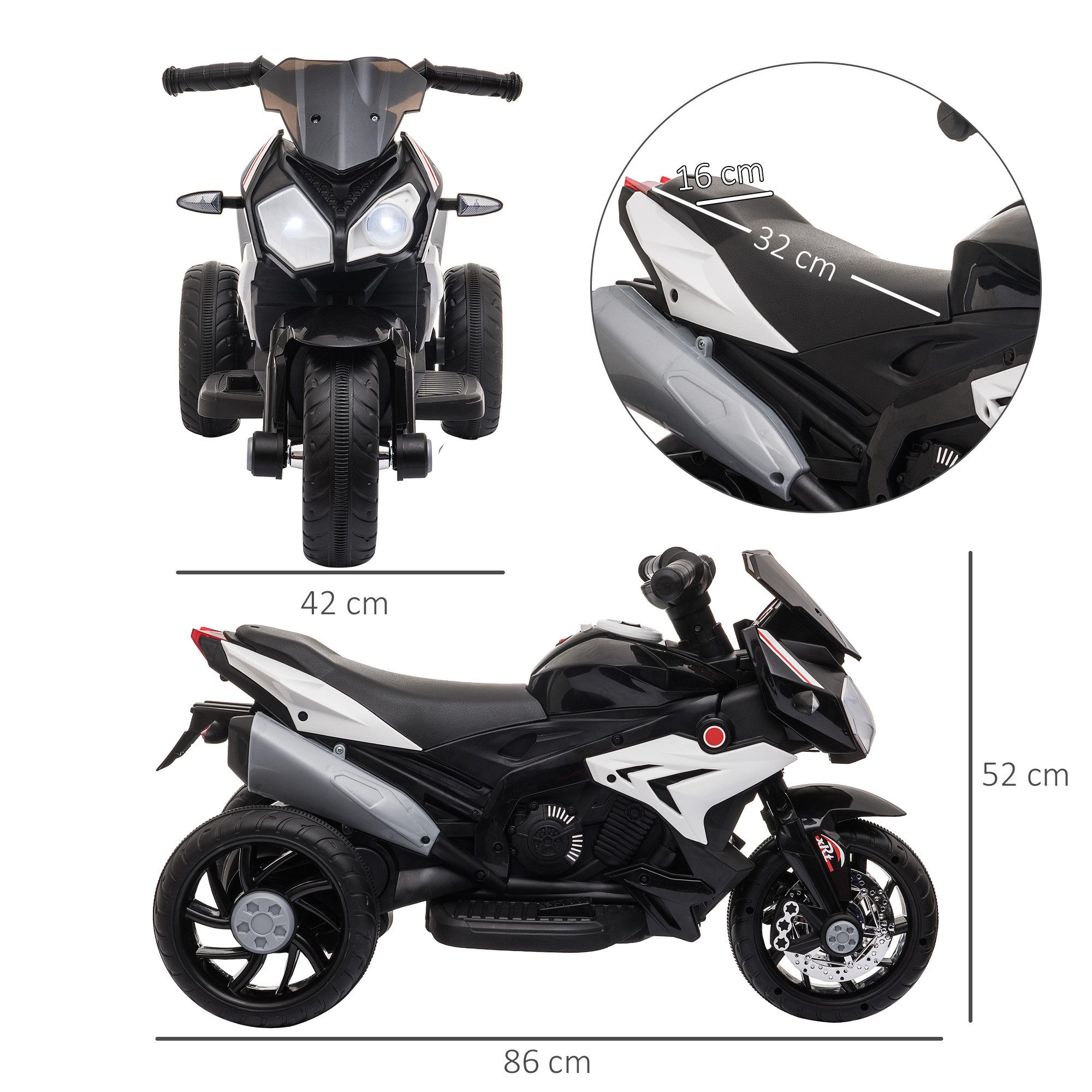 HOMCOM Elektro-Kindermotorrad Elektromotorrad mit Musik, Kindermotorrad Rot+Schwarz, Belastbarkeit 25 kg, (1-tlg), für Kinder von 3-5 Jahren, Schwarz