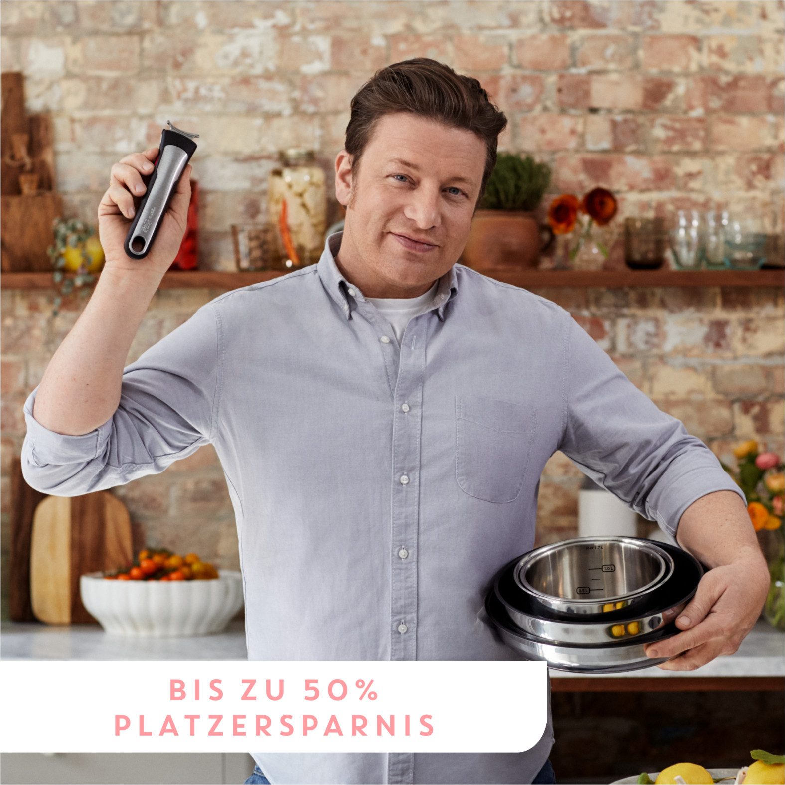 Tefal Pfannen-Set Jamie Oliver Ingenio, Pfannenset abnehmbarer Griff, antihaftversiegelt, Edelstahl (Set, 9-tlg., 2x Pfannen Ø 24/28 cm, 2x Kasserollen Ø 16/20 cm, 3x Deckel, 2x Griffe), stapelbar, platzsparend, einfache Reinigung, Induktion, L97699