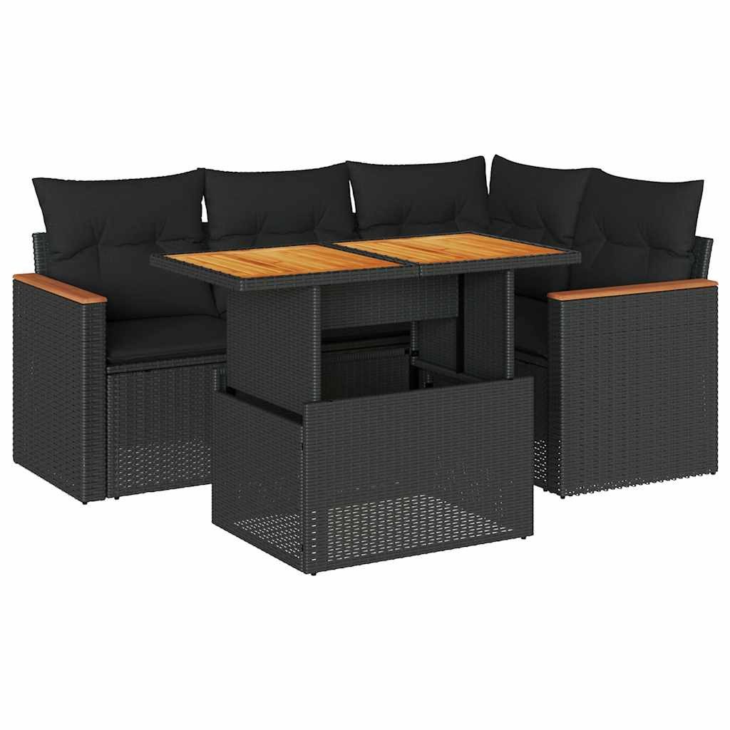 vidaXL Gartenlounge-Set 5tlg. Garten-Sofagarnitur mit Kissen Schwarz Poly Rattan, (1-tlg)