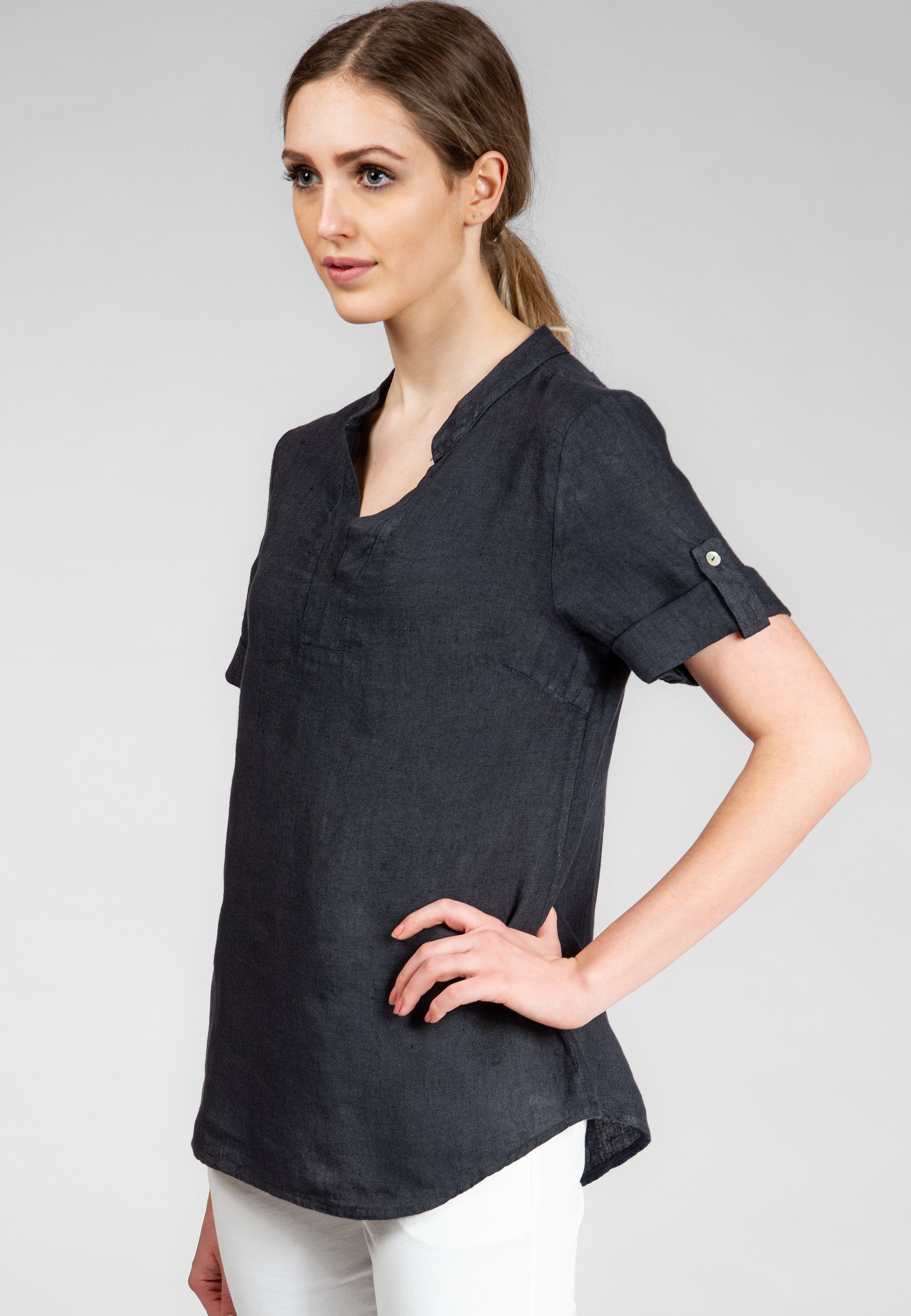 Caspar Shirtbluse BLU024 elegante Damen Halbarm Sommer Leinenbluse mit stylischem V-Ausschnitt - Made in Italy