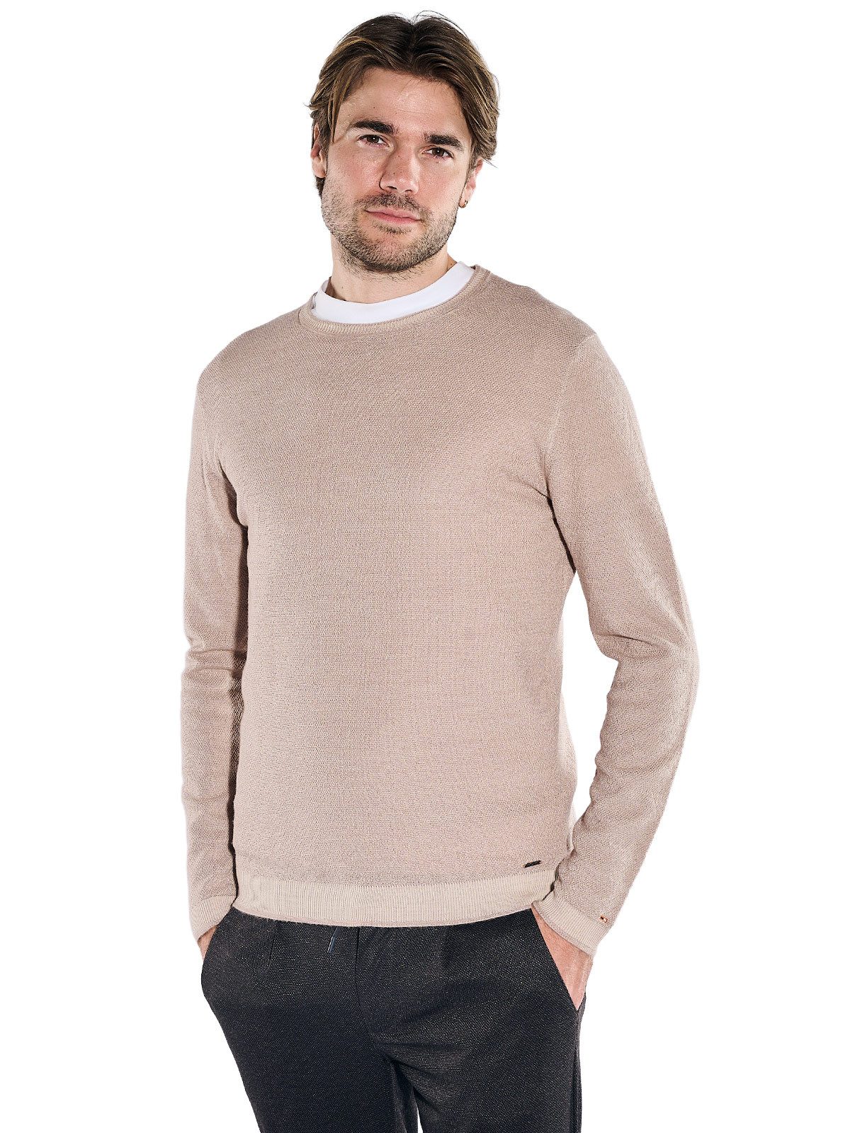emilio adani Wollpullover Herren Merino-Pullover mit Reiskorn-Struktur, Creme