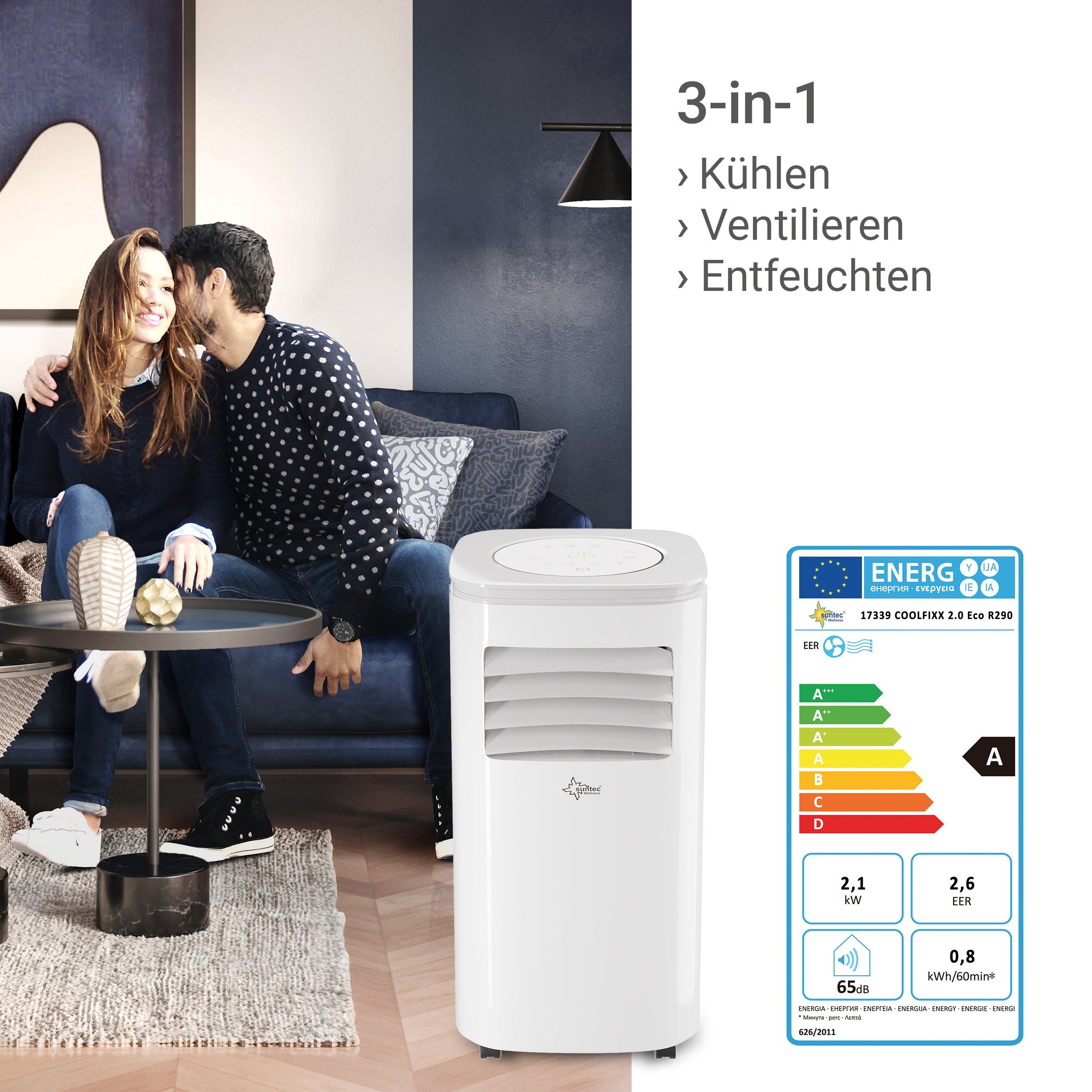 m³, 80 Mobile für Klimaanlage 9.000, Suntec 3-in-1-Klimagerät Räume Wellness Kühler Entfeuchter bis & Freeze