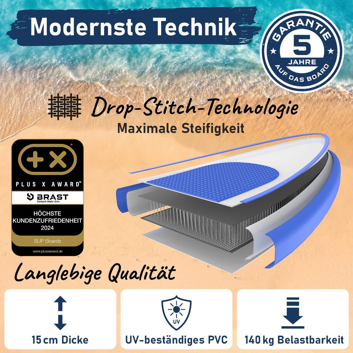 BRAST SUP-Board Tropic Aufblasbares Stand up Paddle Set - 320x81x15cm, 5 Jahre Garantie inkl. Sonderzubehör, (2in1 Paddel Kajak-Sitz Action-Cam-Halterung), Fußschlaufe Paddel Pumpe Rucksack