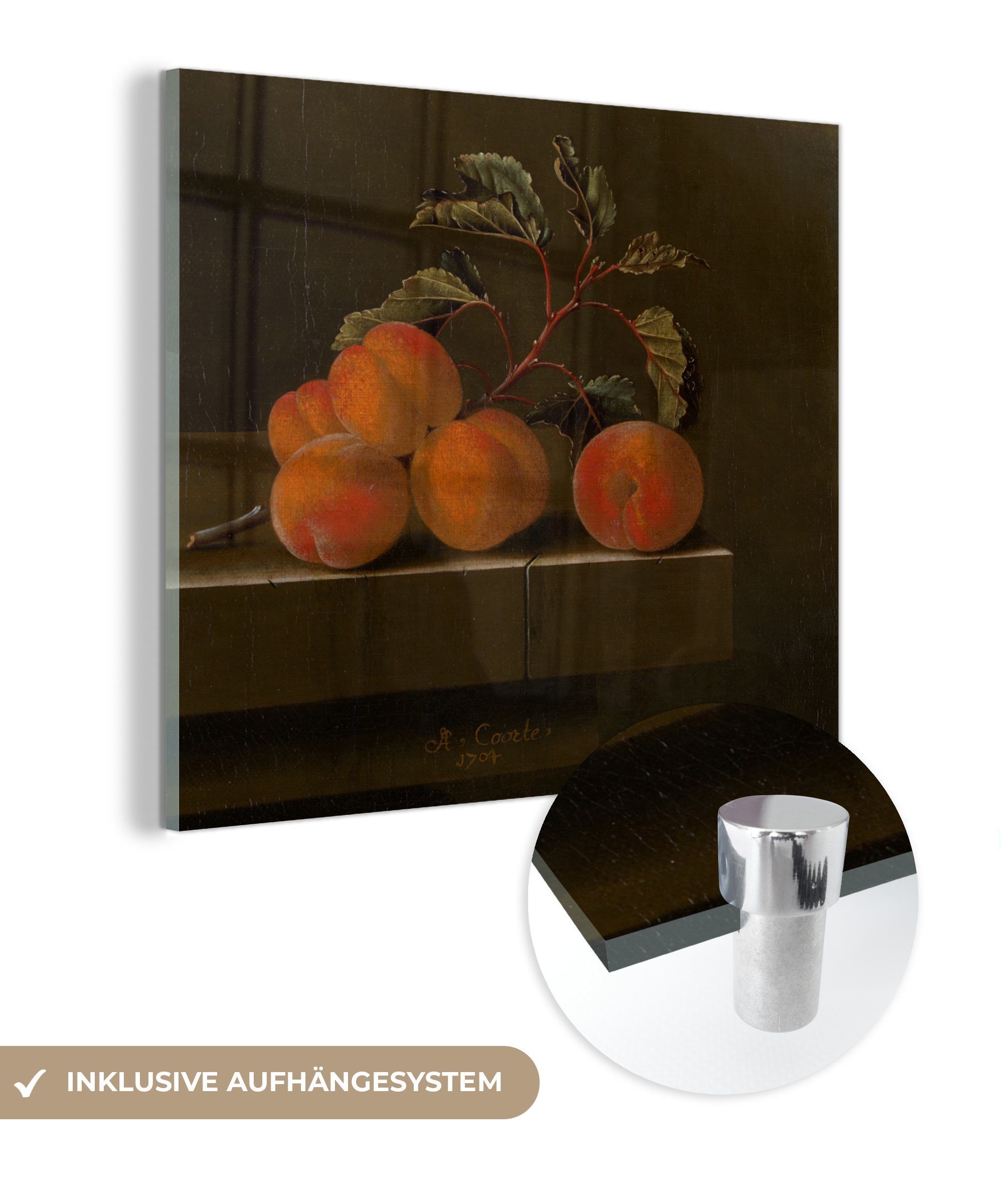 MuchoWow Acrylglasbild Stilleben mit fünf Aprikosen - Gemälde von Adriaen Coorte im, (1 St), Glasbilder - Bilder auf Glas Wandbild - Foto auf Glas - Wanddekoration
