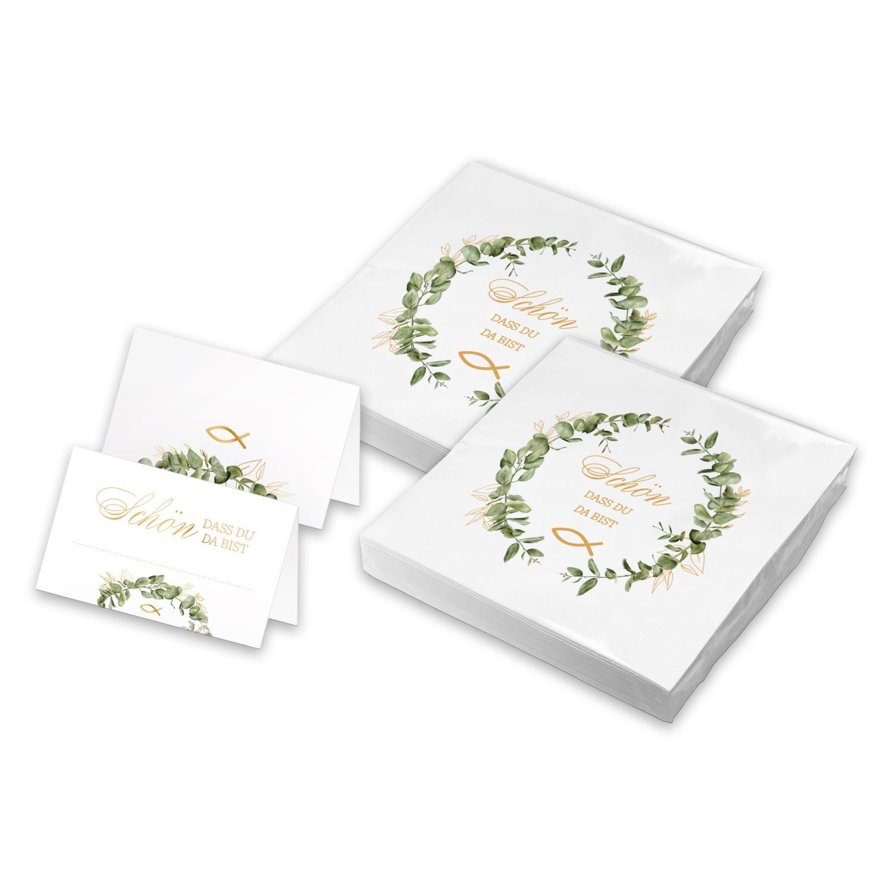 itenga Papierserviette itenga 40x Servietten mit 48x Tischkarten Set - Schön dass du da bist