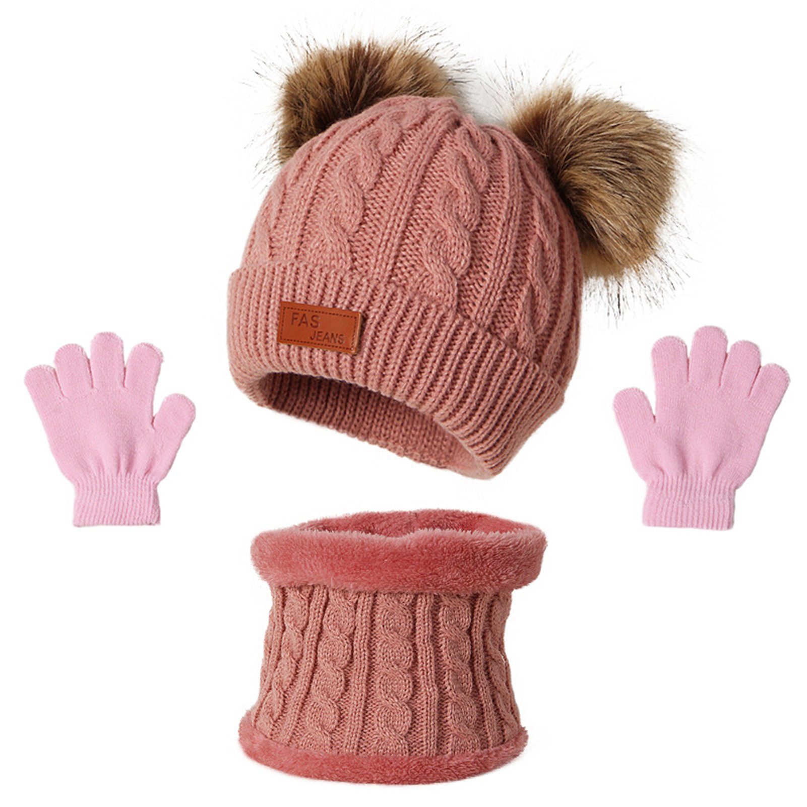 Rutaqian Mütze & Schal Kinder Wintermütze Schal Handschuhe Mädchen Set (3 In 1 Kinder Winter Set, Winter Beanie Hut Handschuhe runder Schal Set für Kinder 1-4 Jahre) Haut Rosa