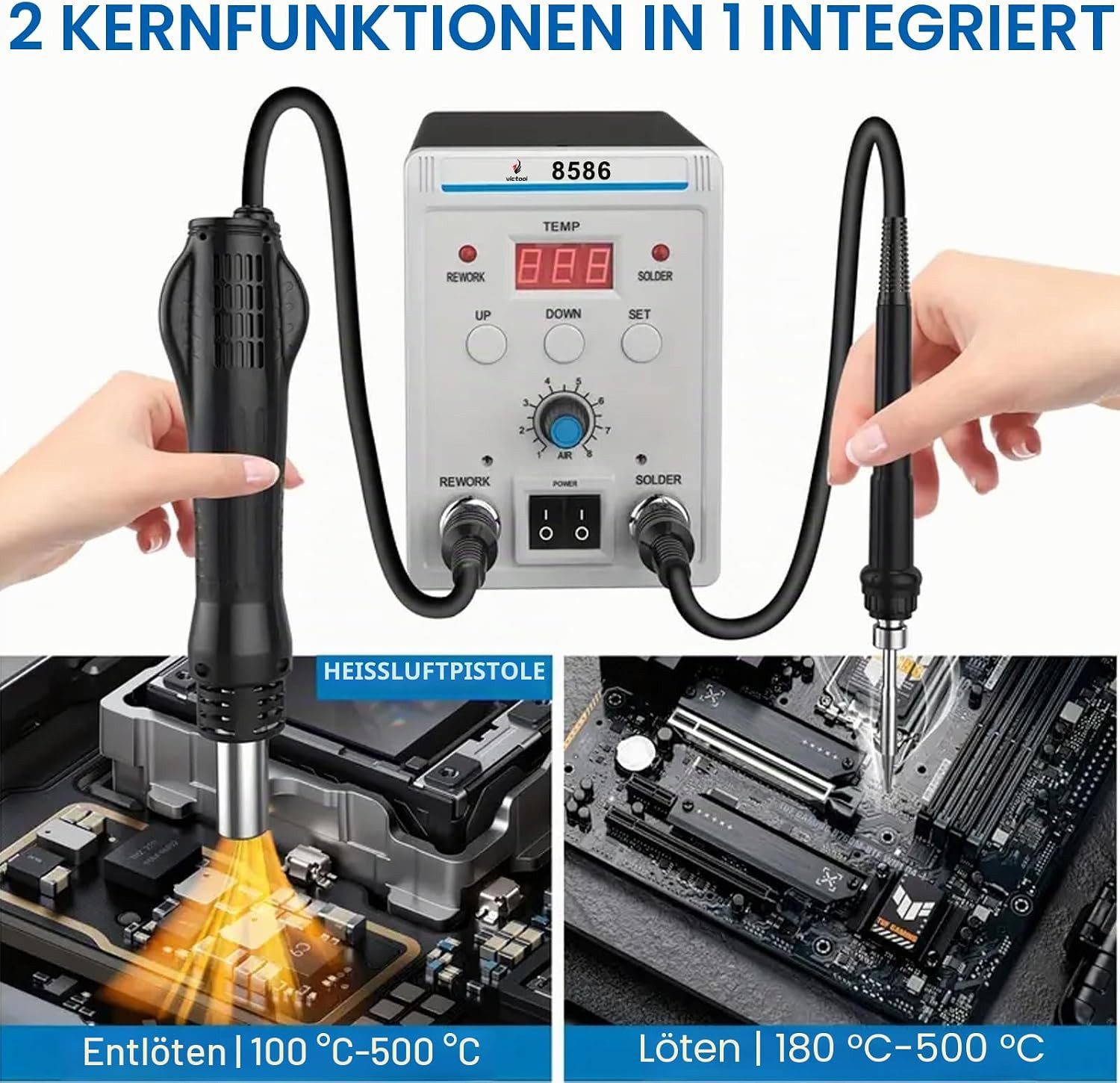 Athlix Lötkolben 2 in 1 Lötstation Heißluft Lötkolben mit 3 Luftdüsen 200-500°C, max. 500 °C, Elektrisch, Schnelle Aufheizzeit, 700W Leistung