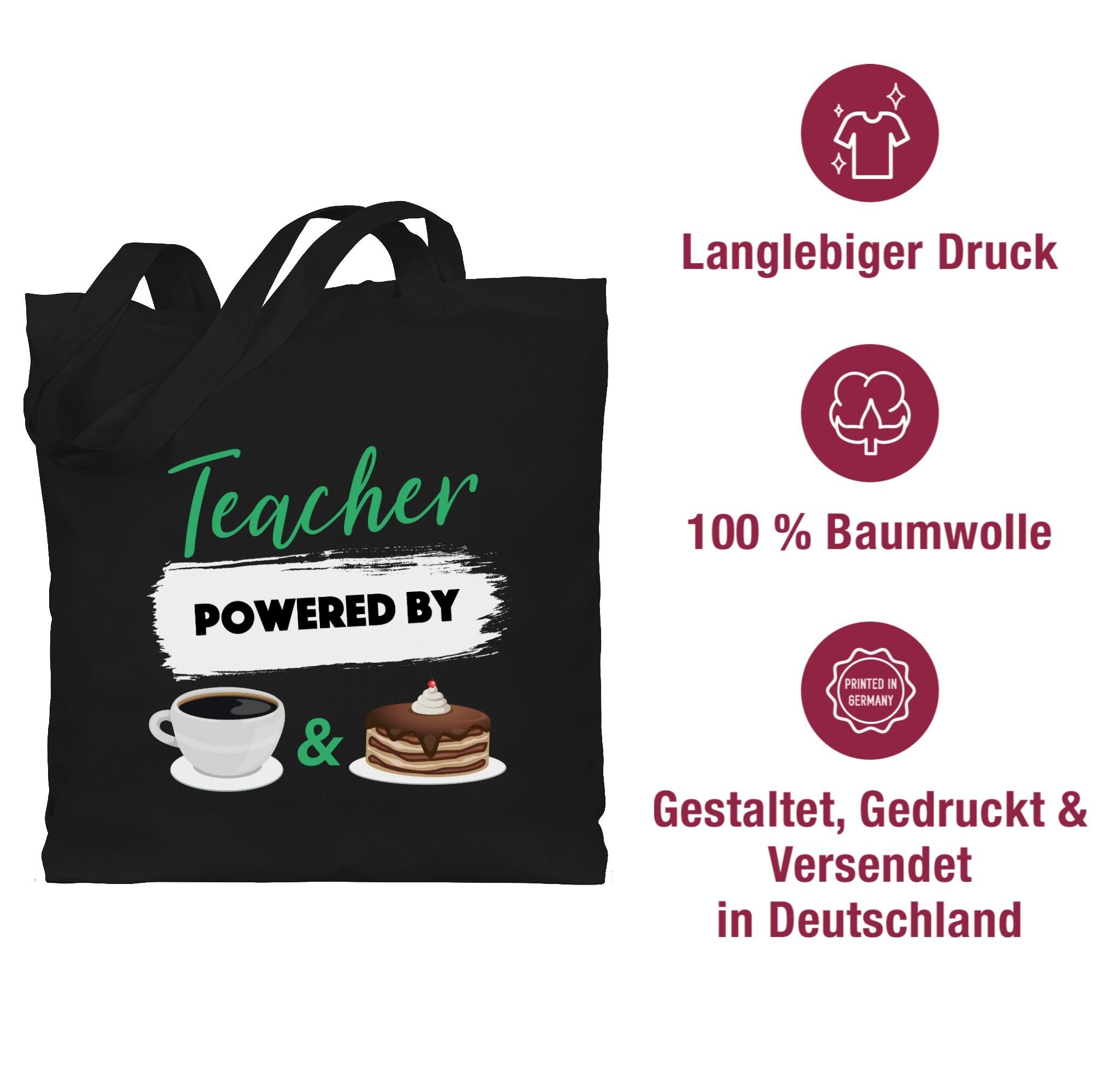Shirtracer Umhängetasche Teacher powered by & cake, coffee Schwarz 2 Lehrer