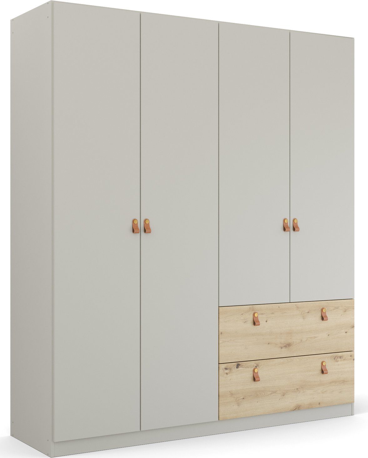 rauch Drehtürenschrank Kleiderschrank Schrank Garderobe Ankleide HOMEY BY QUADRA SPIN (Breiten: 181/226/271 cm, Höhe 210 cm) mit cognacbraunen Ledergrifflaschen, Schubladen in Eichen-Dekor
