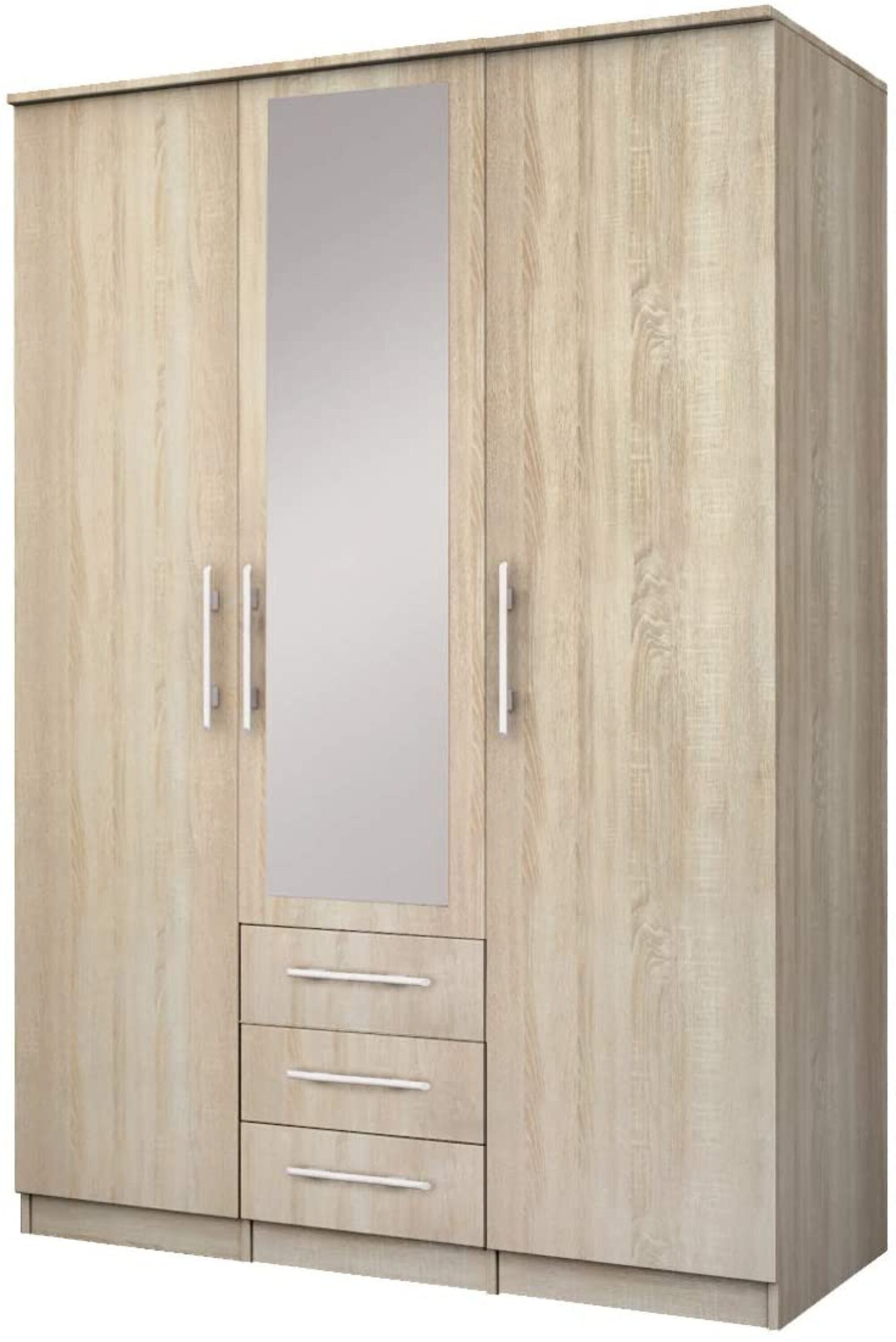 MOEBLO Drehtürenschrank RUTH 3D (mit Spiegel und Schubladen, Kleiderschrank 3-türig Schrank Garderobe Schlafzimmer) (BxHxT):150x210x64cm