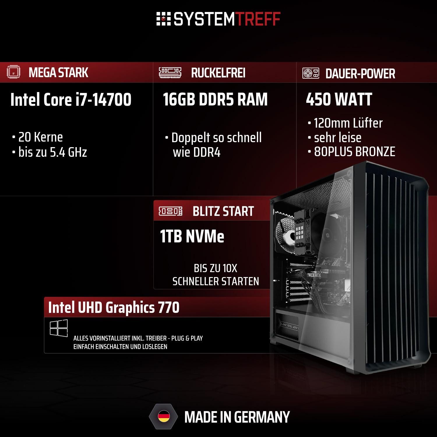 SYSTEMTREFF Intel Core i7-14700 mit Intel UHD Graphics 770 PC (Intel 14700 14700, UHD Graphics 770, 16 GB RAM, 1000 GB SSD, Luftkühlung)