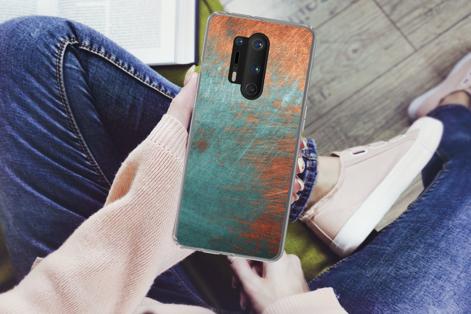 MuchoWow Handyhülle für OnePlus 8 Pro Metall - Rost - Bronze - Blau - Abstrakt - Struktur, Phone Case, Silikon, Schutzhülle Dünn