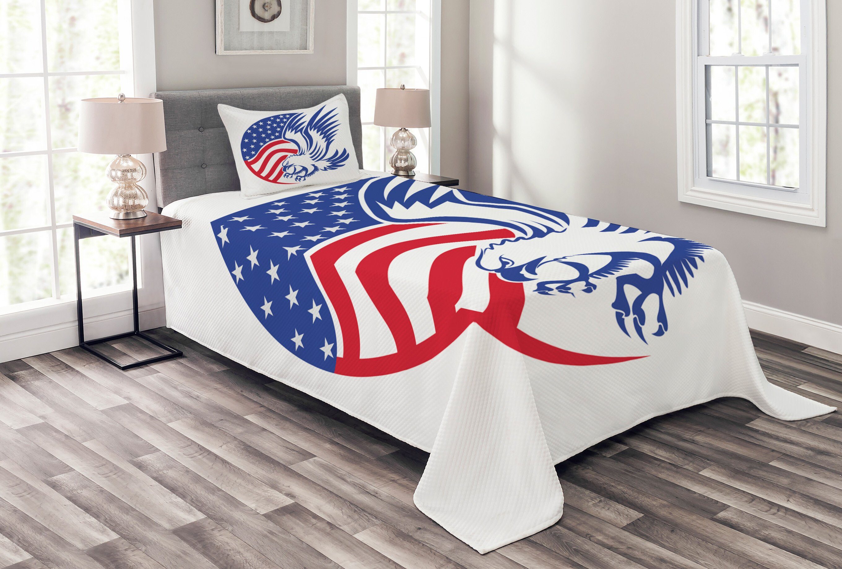 Tagesdecke Set mit Kissenbezügen Waschbar, Abakuhaus, amerikanisch American Bald Eagle-Flagge