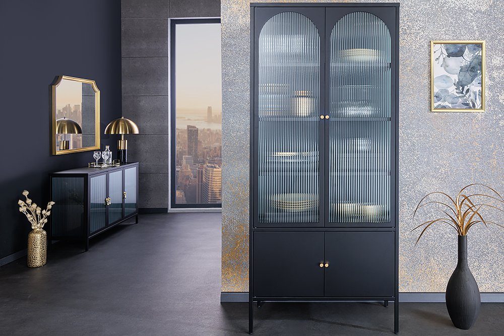 Stauraum · PARIS Design Wohnzimmer (Einzelartikel, · Vitrine gold Glas · · riess-ambiente Metall / 180cm 1-St) schwarz Modern · Küche