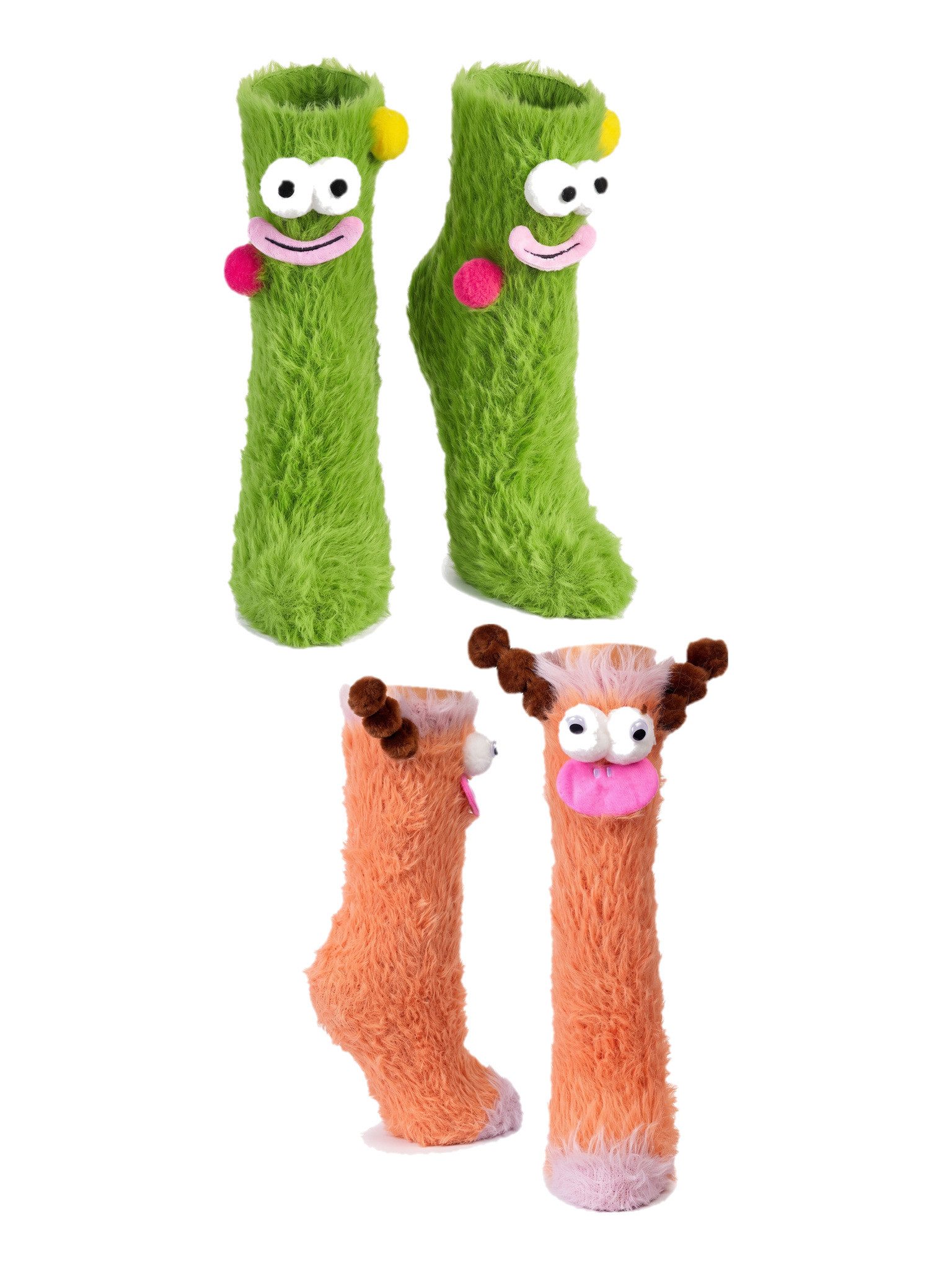 Black Snake Kuschelsocken lustige Monstersocken mit Augen und Mund für Kinder Damen und Herren (Packung, 2-Paar, Motive zufällig) flauschiger Plüsch ohne Ferse als Haussocken und Geschenk zu Halloween