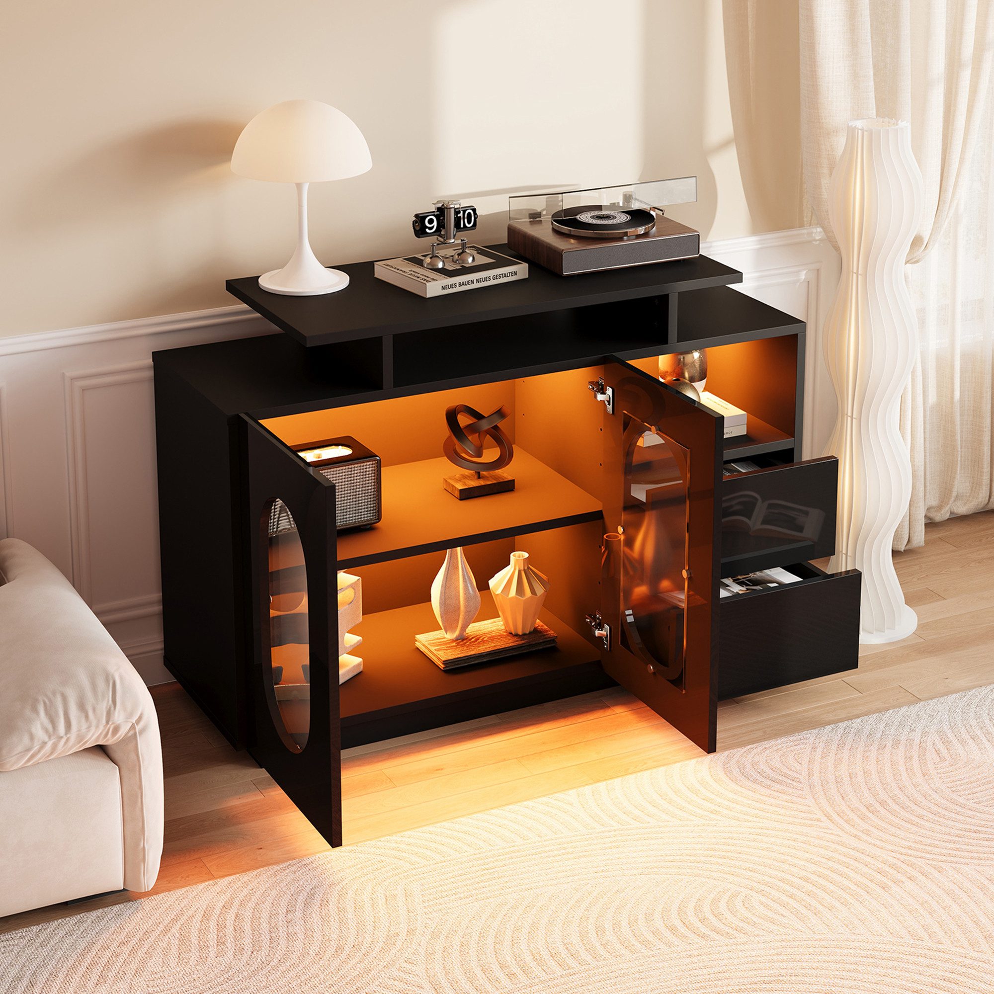 Odikalo Sideboard Vitrine Anrichte Minibar LED Glastüren Hochglanz Stauraum Schwarz