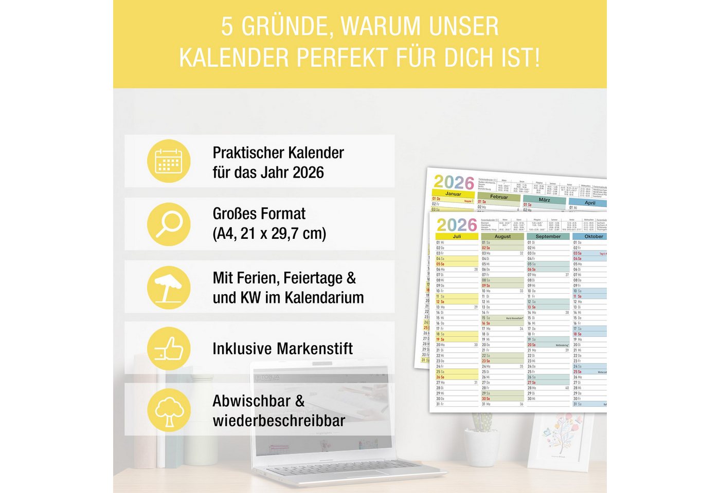 Thumbnail - TOBJA Wandkalender Abwischbarer Wandkalender 2026 A4 - Bunt, Tafelkalender inkl. 1 Stift Kalender A4 abwischbar