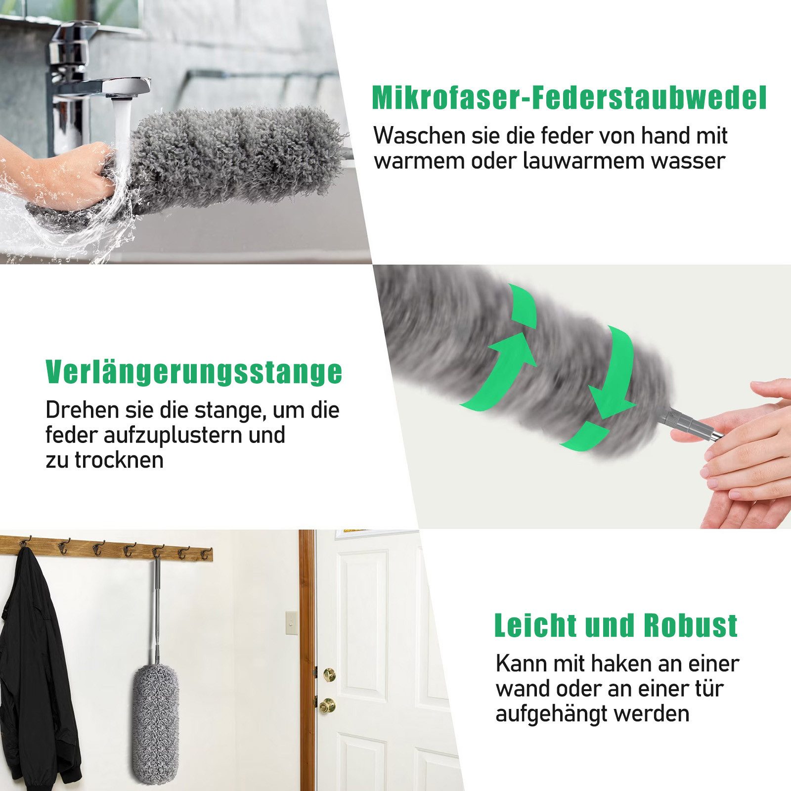 HUGERSTONE Staubwedel Staubwischer Mikrofaser mit Teleskopstiel, Ausziehbar bis zu 254 cm (1-St, Waschbar Staubwedel), für Reinigung hoher Decken, Deckenventilatoren und Spinnweben in Ecken