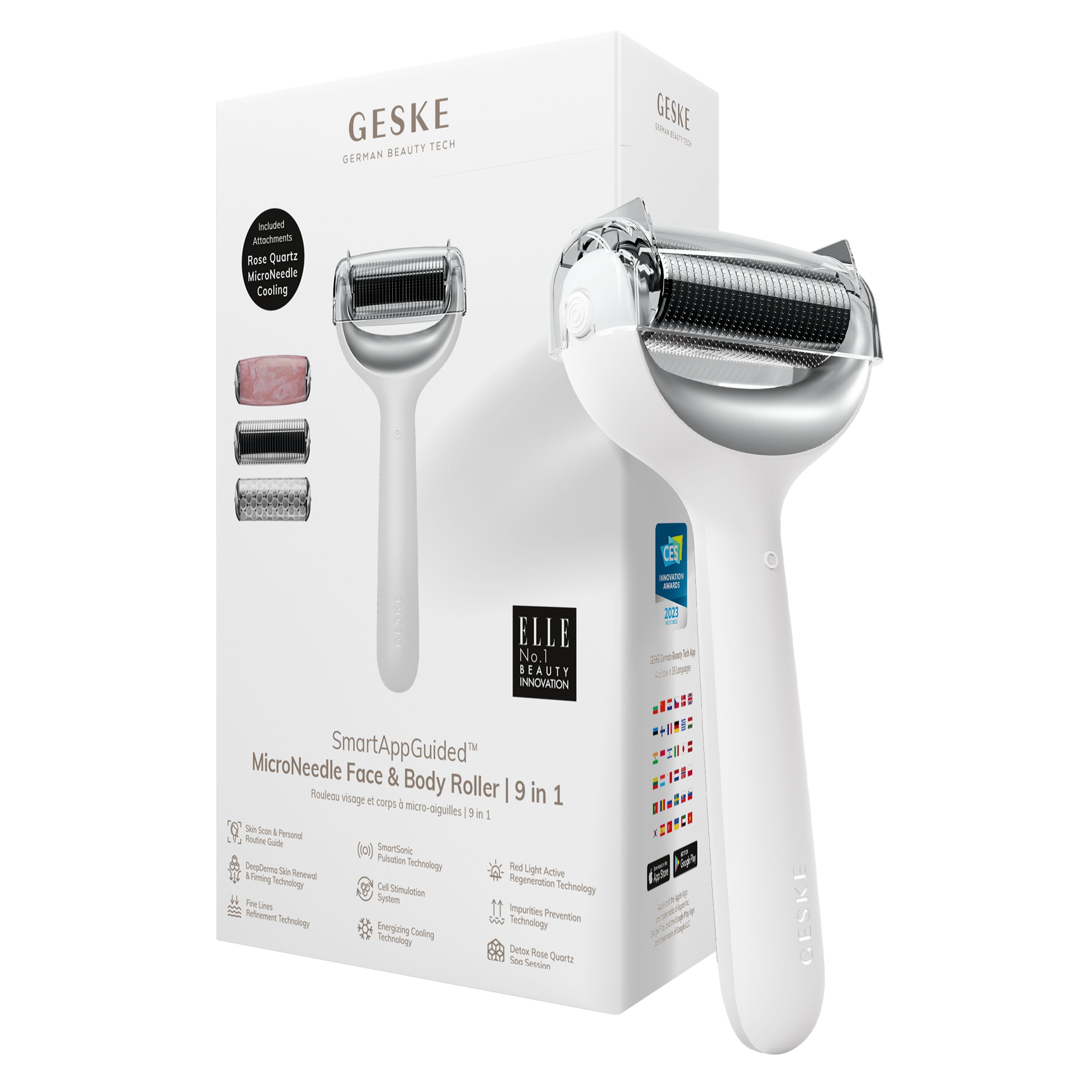 GESKE German Beauty Tech der inkl. (Gerät 5-tlg., Face Hautpflegeroutine. personalisierte APP & Device), kostenloser Body Packung Micro-Needling White 1, deine MicroNeedle 9 in & App Du USB-Ladekabel), Roller Gerät Mit SmartAppGuided™ (SmartAppGuided erhältst GESKE