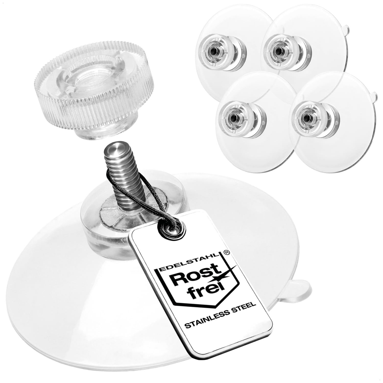 com-four Saugnapfträger Saugnäpfe mit Rändelmutter - Starker Halt für glatte Oberflächen -, (4-tlg), Ø 40 mm - M4-Gewinde & Schraube ca. 10 mm - Transparent