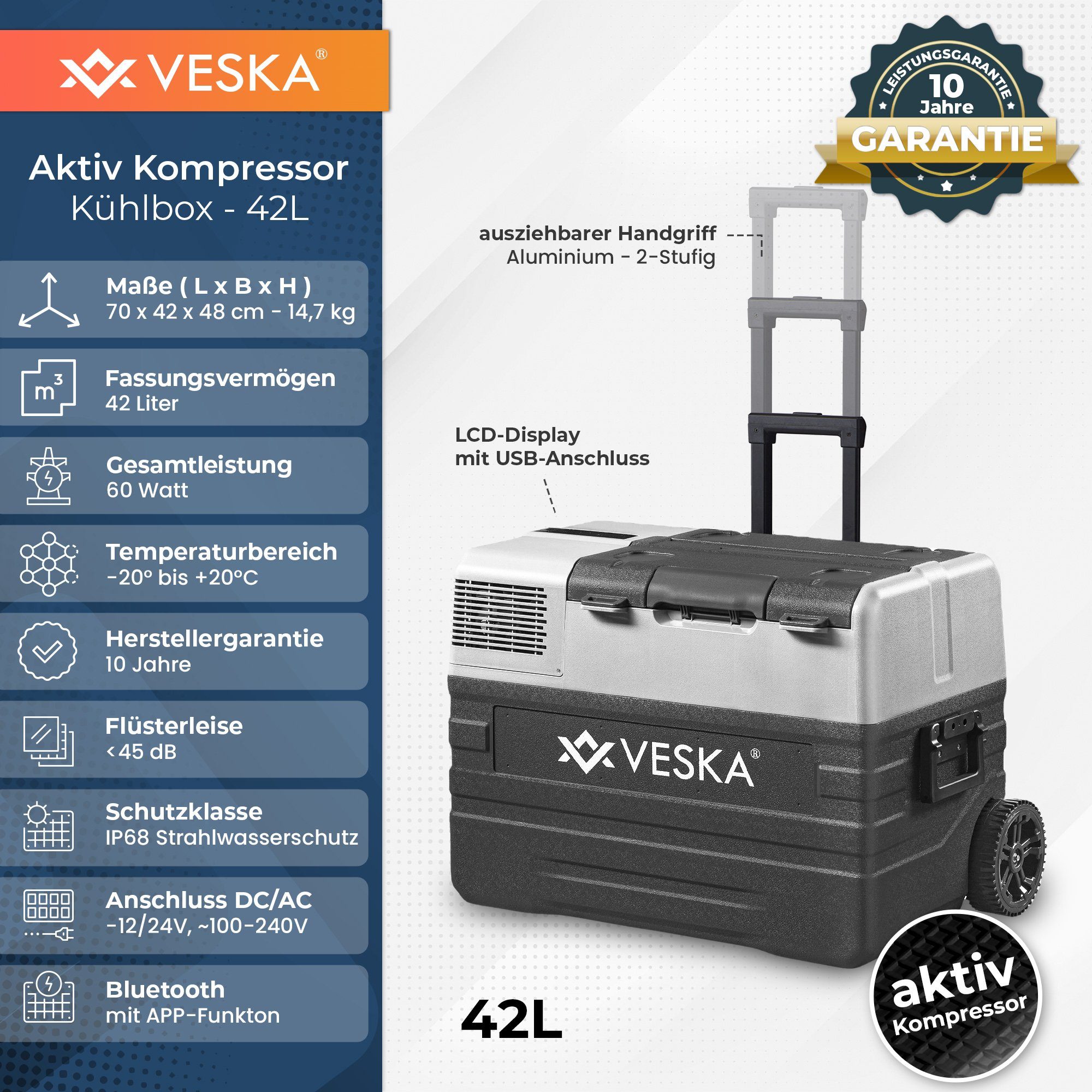 VESKA Elektrische Kühlbox Kompressor Gefriertruhe mobiler Kühlschrank, Kühltruhe, Gefrierbox, 12V/24V, 230V, für Auto, Lkw, Boot, Wohnwagen, Camping