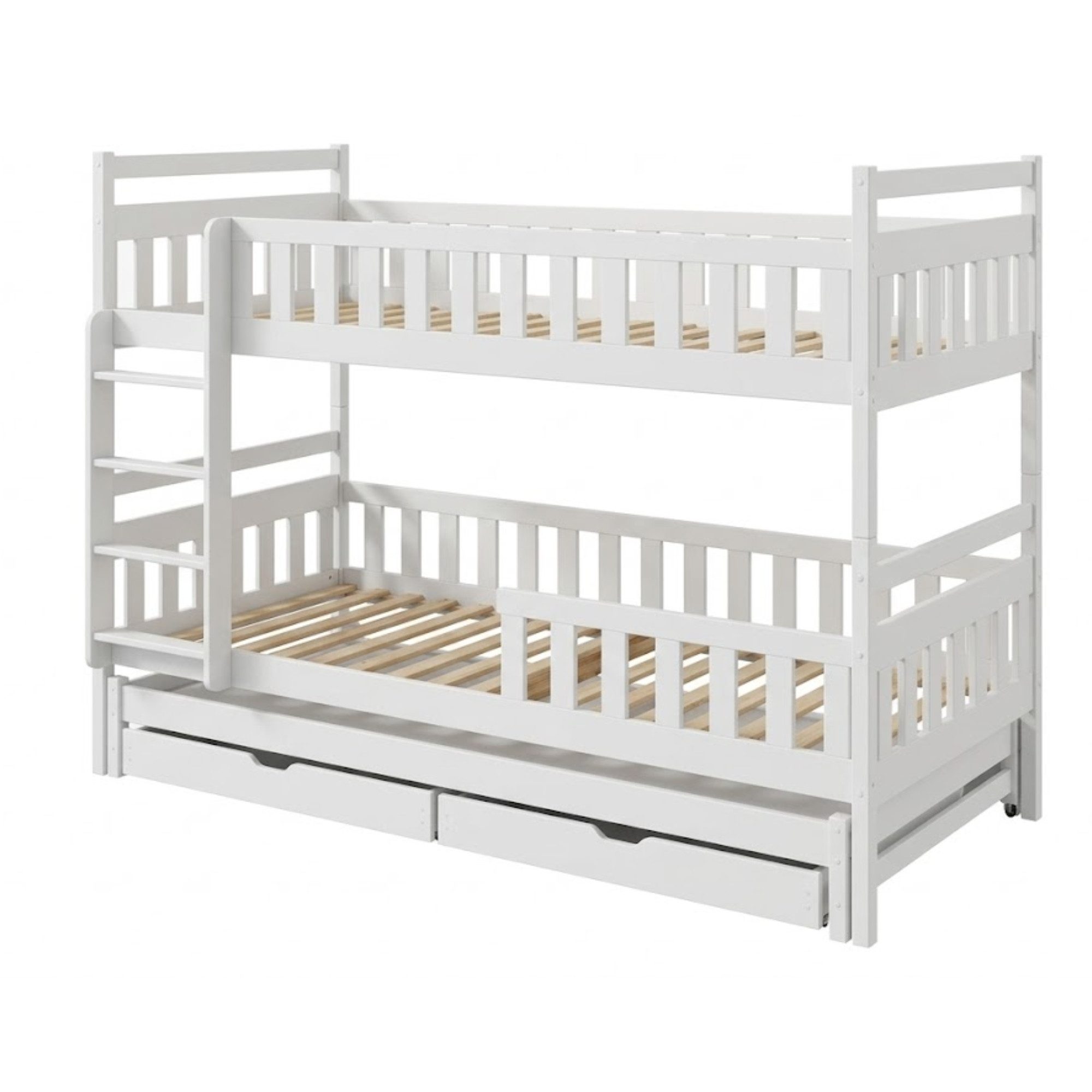 Kids Collective Etagenbett Hochbett Stockbett Kinderbett 90x200 cm mit Ausziehbett und Schubladen (Umbaubar zu 3 Einzelbetten), mit Lattenrosten & Rausfallschutz weiß