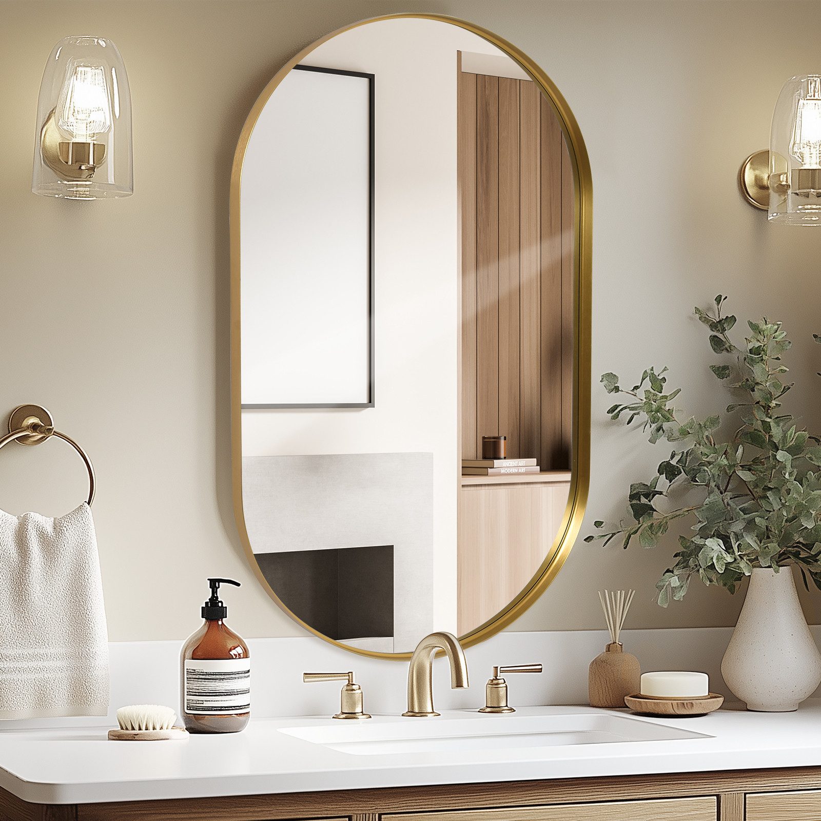 LUNAMIRROR Wandspiegel Oval Badspiegel mit robustem und rostfreiem Alurahmen, Klare Sicht und Hohe Sicherheit, 90×60cm, Golden