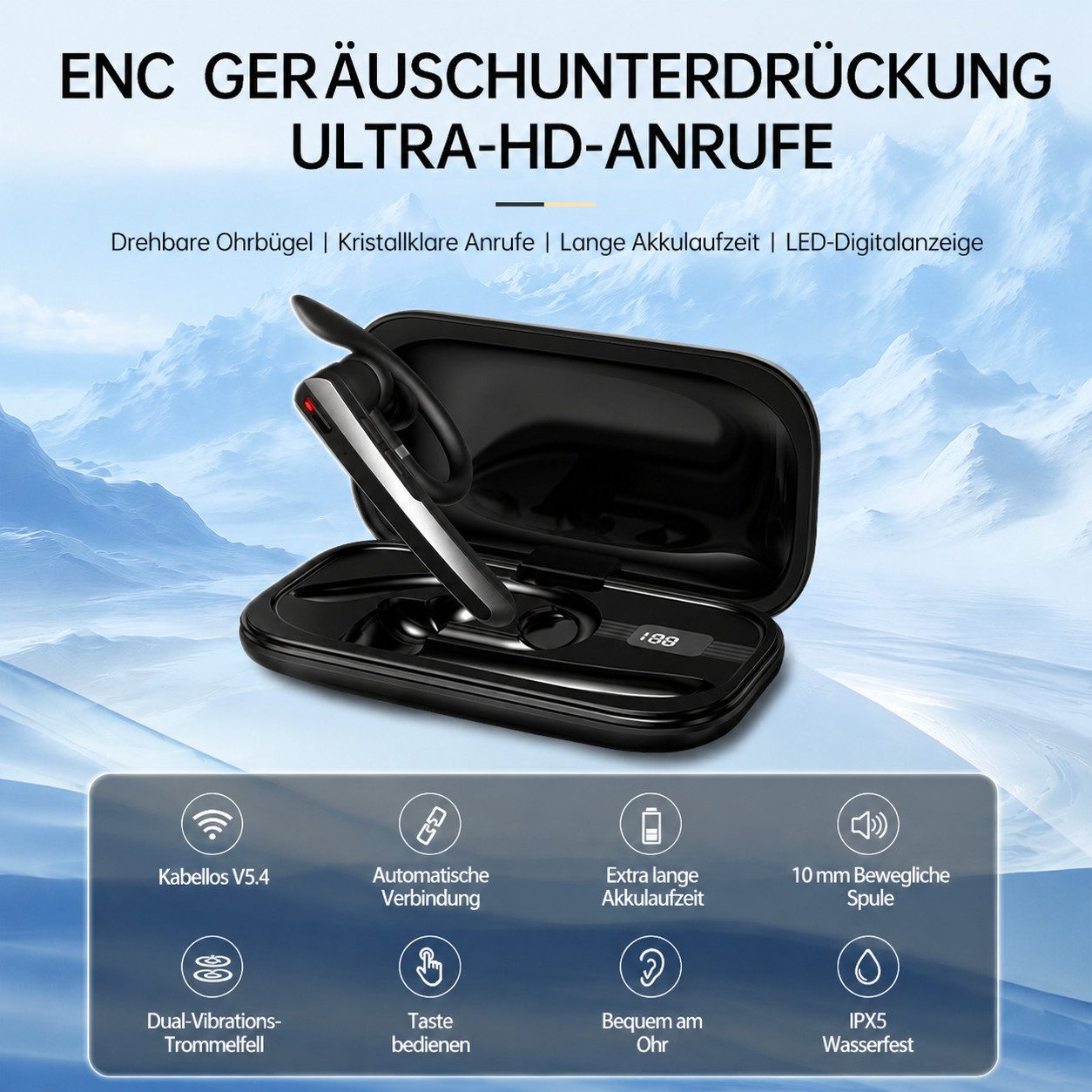 ibettertec Bluetooth Headset Ear Freisprecheinrichtung & Dual Mikrofon Headset (für iPhone/Android/Laptop, Mono Ohrhörer,430mAh,IPX5 Wasserdicht,für Autofahren/Business/Büro)