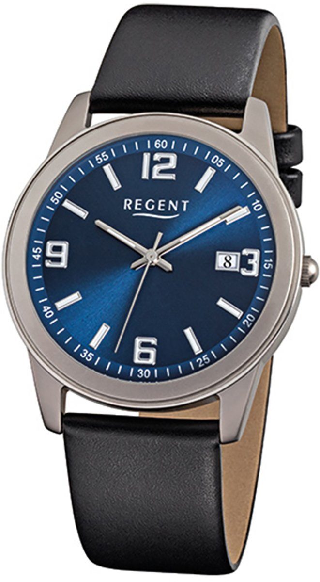 Regent Quarzuhr Regent Herren-Armbanduhr schwarz Analog, Herren Armbanduhr rund, mittel (ca. 38mm), Lederarmband